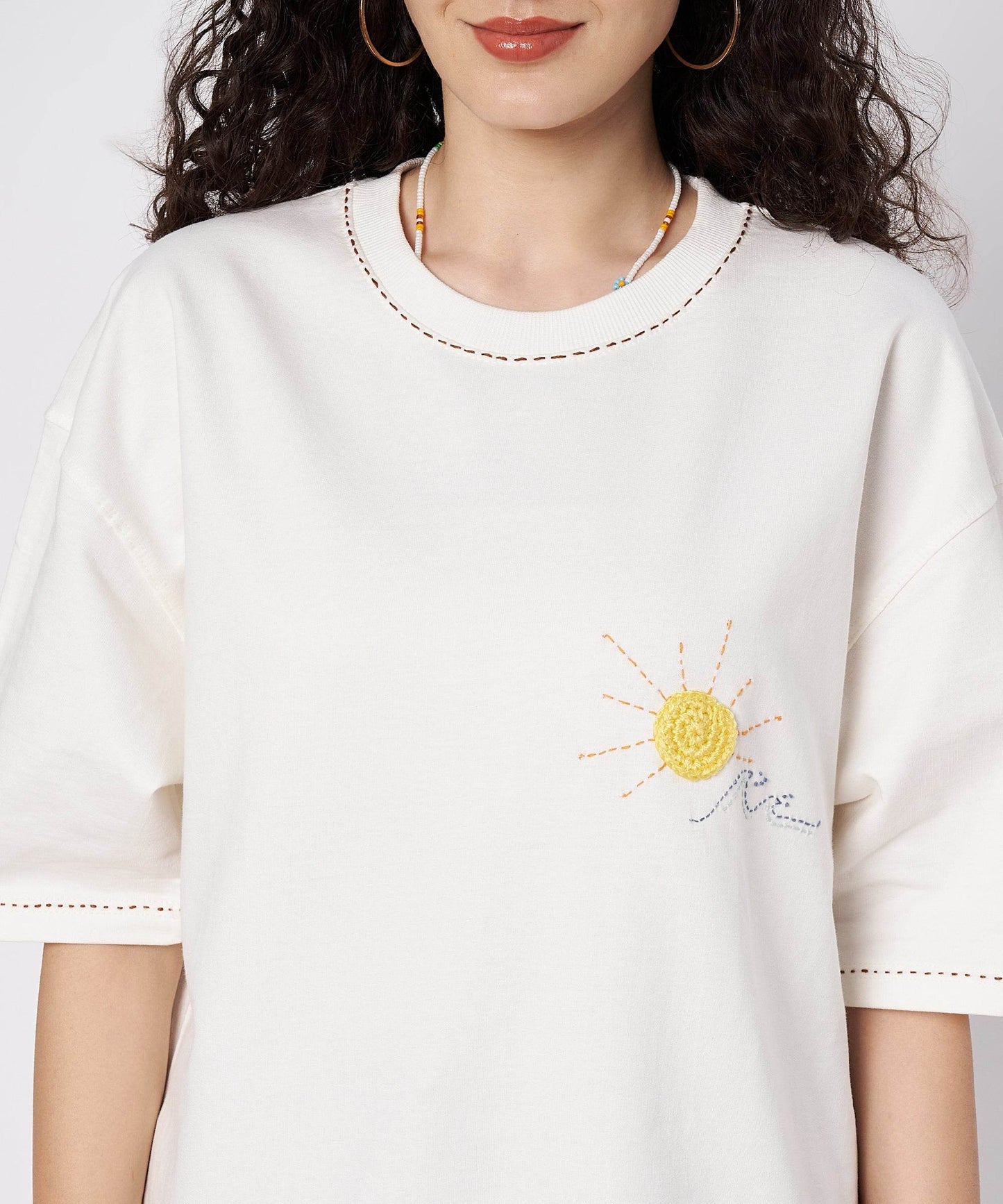 The Sunwave Tee – Unisex Oversized T-Shirt with Crochet Sun & Hand Embroidery | Ocean Whispers Collection - Hoot n' Wink