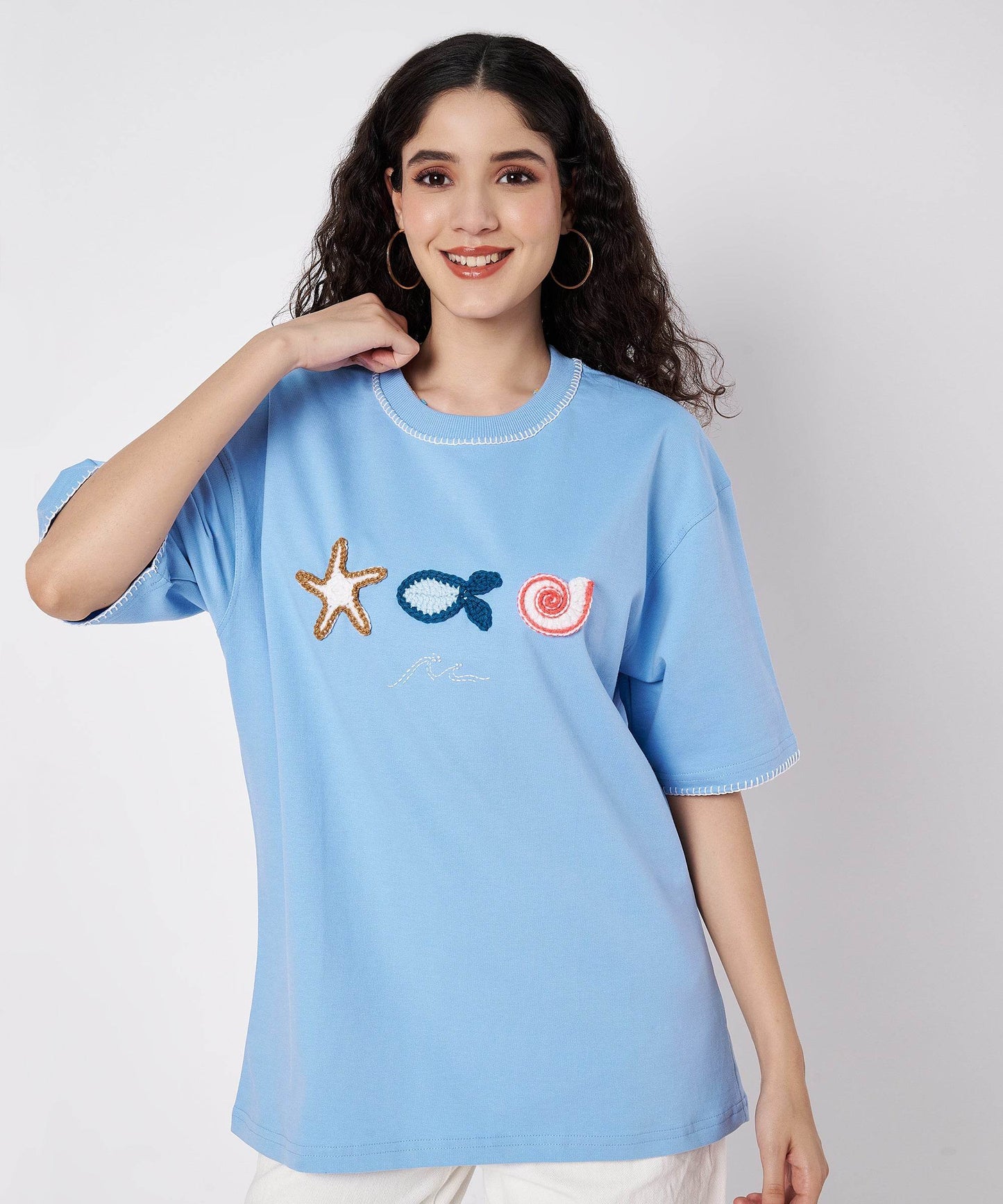 The Ocean Crest Tee – Unisex Oversized Fit with Hand Embroidery & Crochet | Ocean Whispers Collection - Hoot n' Wink