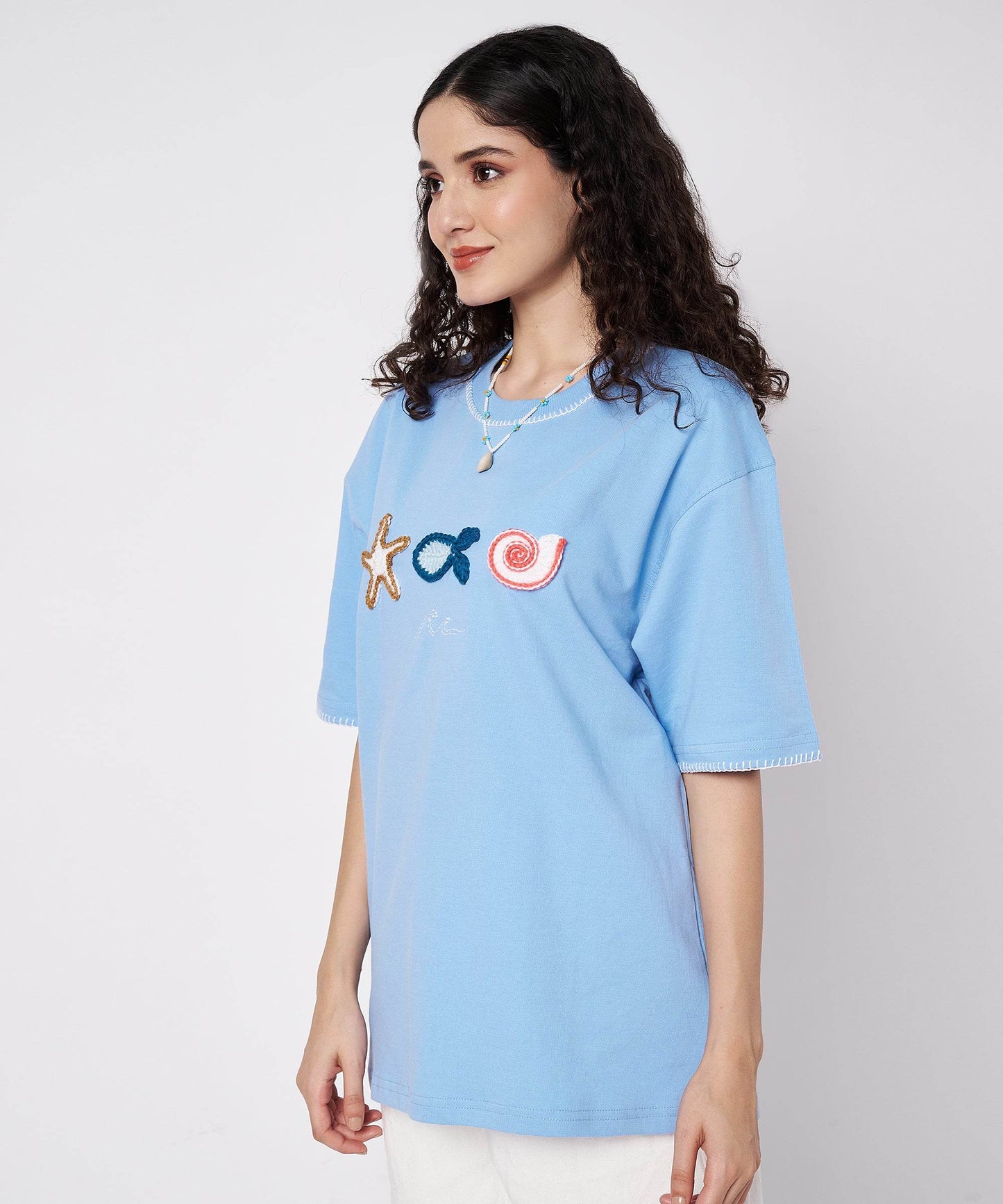The Ocean Crest Tee – Unisex Oversized Fit with Hand Embroidery & Crochet | Ocean Whispers Collection - Hoot n' Wink