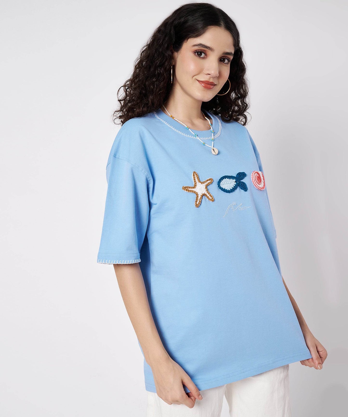 The Ocean Crest Tee – Unisex Oversized Fit with Hand Embroidery & Crochet | Ocean Whispers Collection - Hoot n' Wink