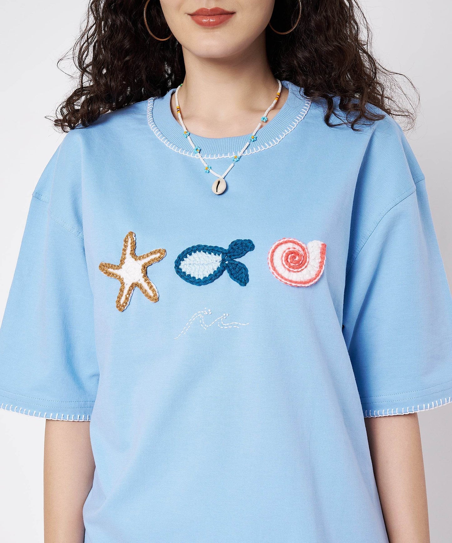 The Ocean Crest Tee – Unisex Oversized Fit with Hand Embroidery & Crochet | Ocean Whispers Collection - Hoot n' Wink