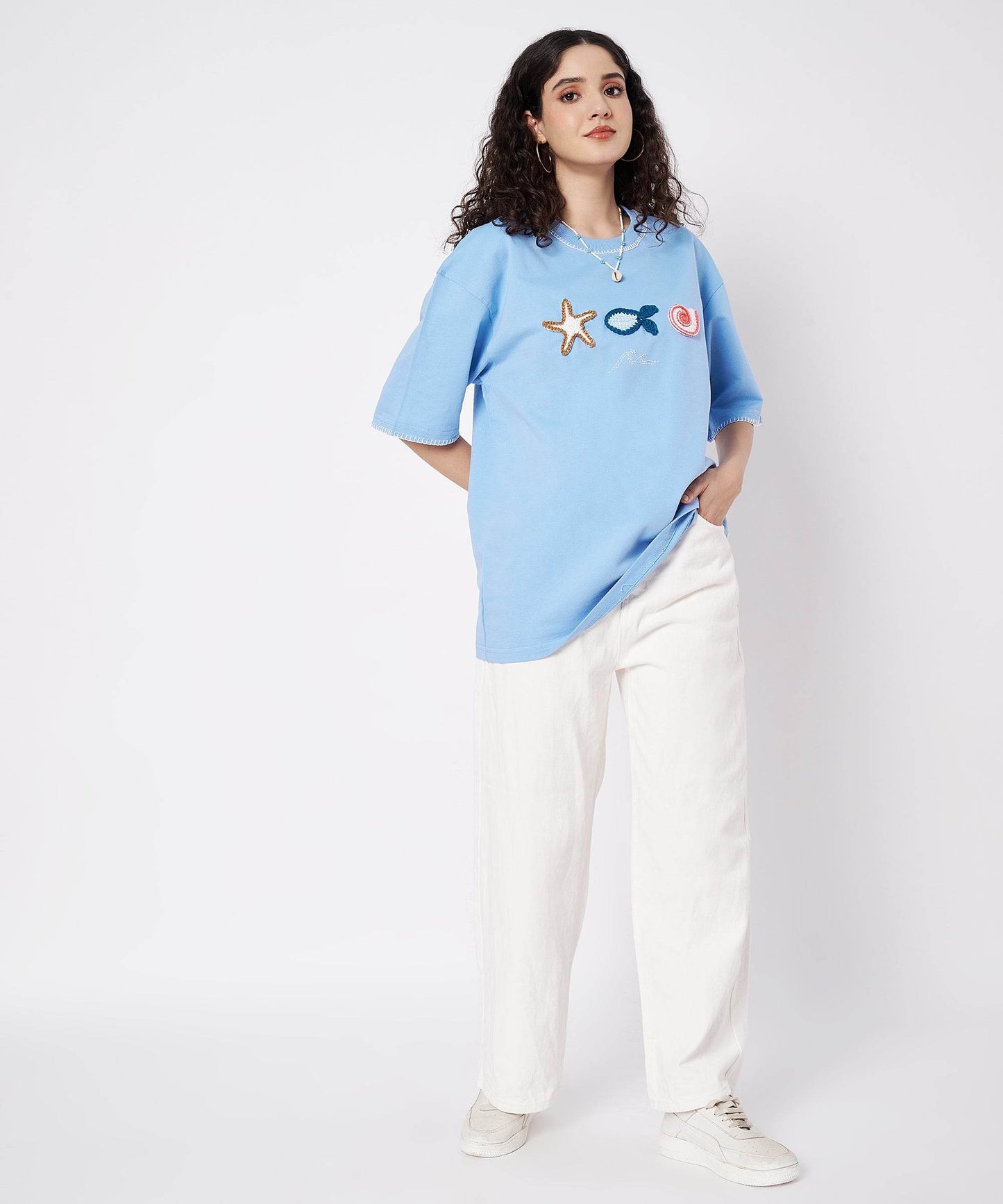 The Ocean Crest Tee – Unisex Oversized Fit with Hand Embroidery & Crochet | Ocean Whispers Collection - Hoot n' Wink
