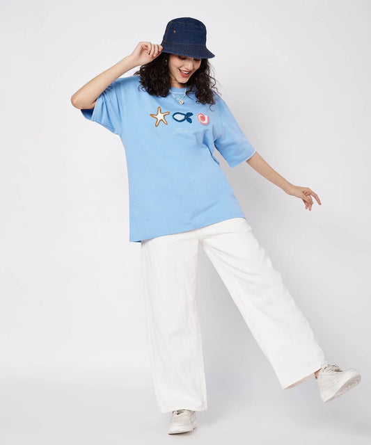 The Ocean Crest Tee – Unisex Oversized Fit with Hand Embroidery & Crochet | Ocean Whispers Collection - Hoot n' Wink