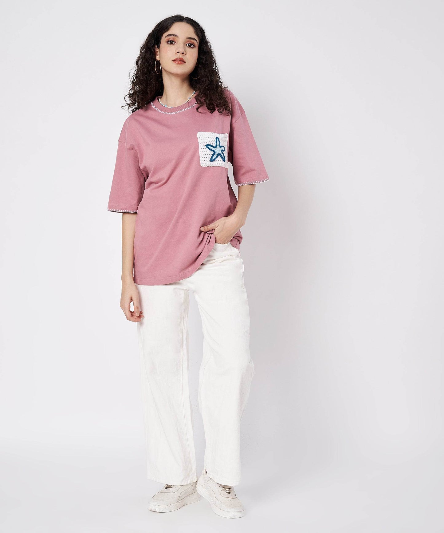 The Starry Pocket Tee – Unisex Oversized T-Shirt with Hand Embroidery & Crochet Starfish Detail | Ocean Whispers Collection - Hoot n' Wink