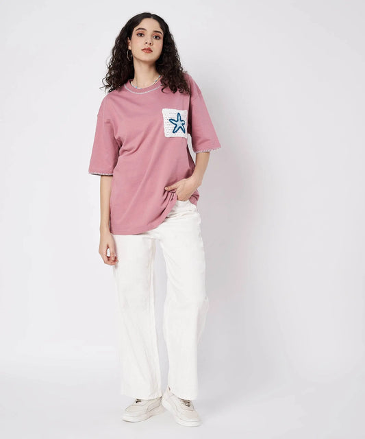 The Starry Pocket Tee – Unisex Oversized T-Shirt with Hand Embroidery & Crochet Starfish Detail | Ocean Whispers Collection - Hoot n' Wink