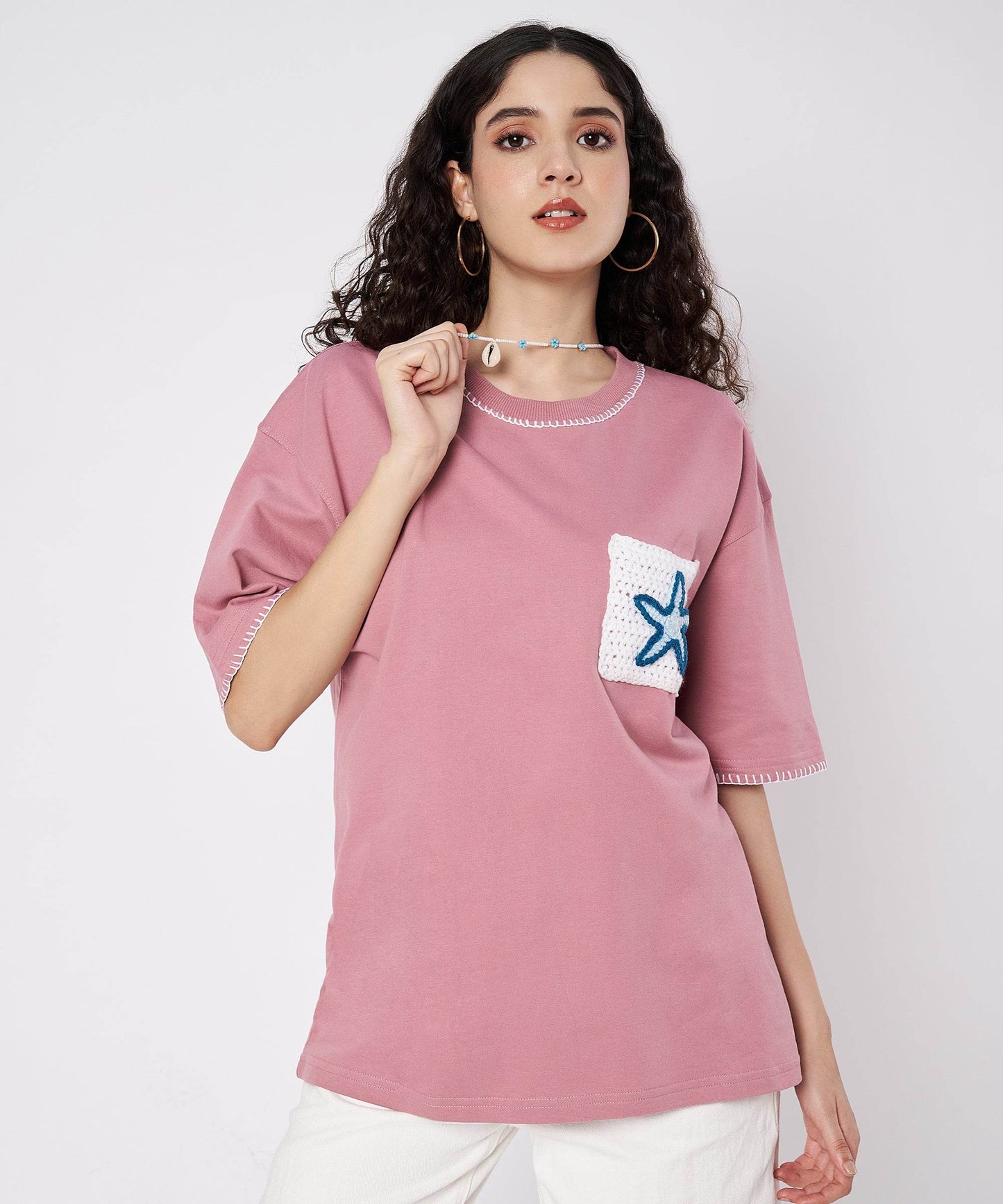 The Starry Pocket Tee – Unisex Oversized T-Shirt with Hand Embroidery & Crochet Starfish Detail | Ocean Whispers Collection - Hoot n' Wink