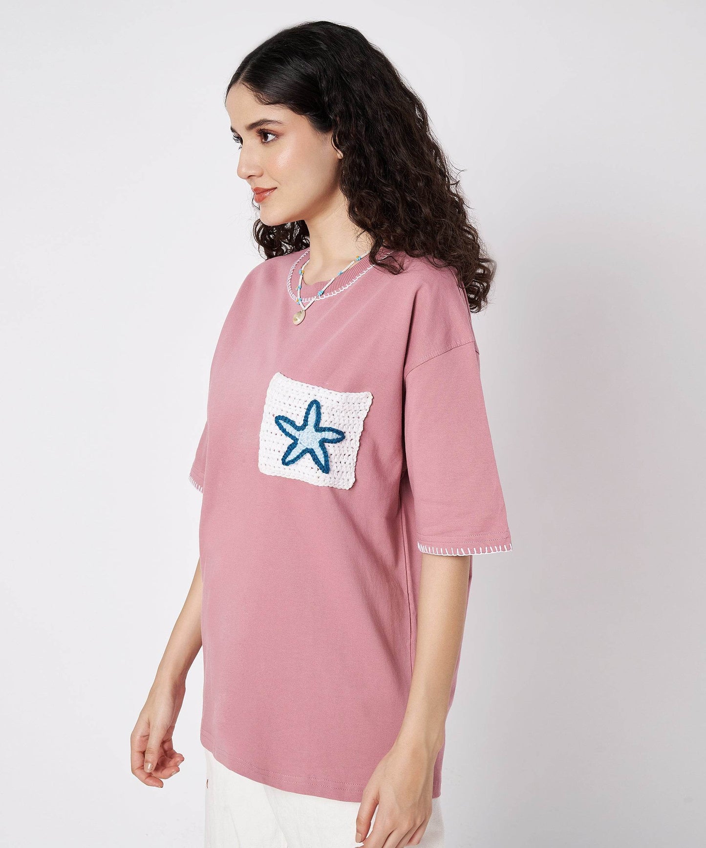 The Starry Pocket Tee – Unisex Oversized T-Shirt with Hand Embroidery & Crochet Starfish Detail | Ocean Whispers Collection - Hoot n' Wink