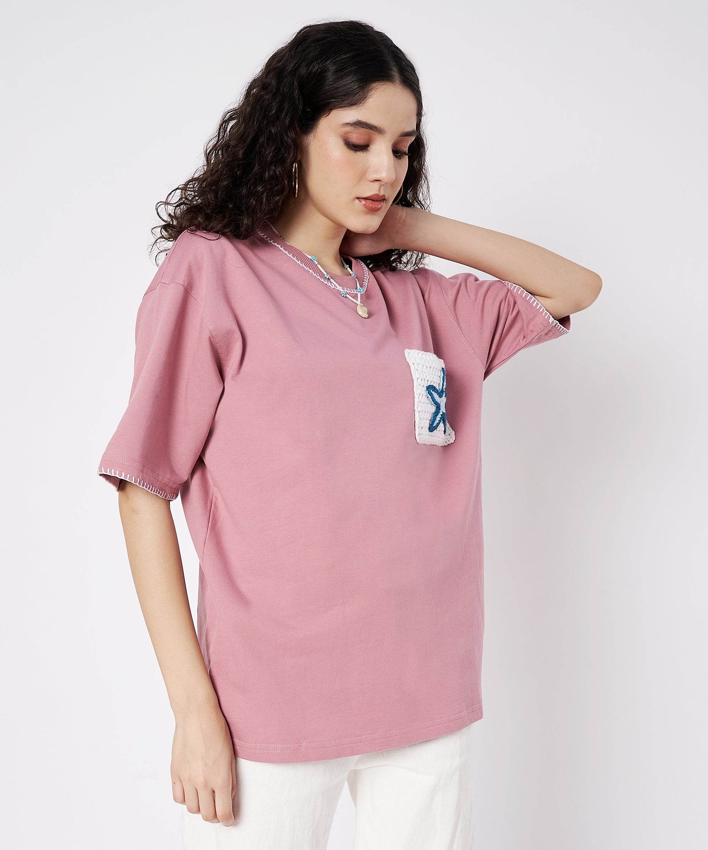 The Starry Pocket Tee – Unisex Oversized T-Shirt with Hand Embroidery & Crochet Starfish Detail | Ocean Whispers Collection - Hoot n' Wink
