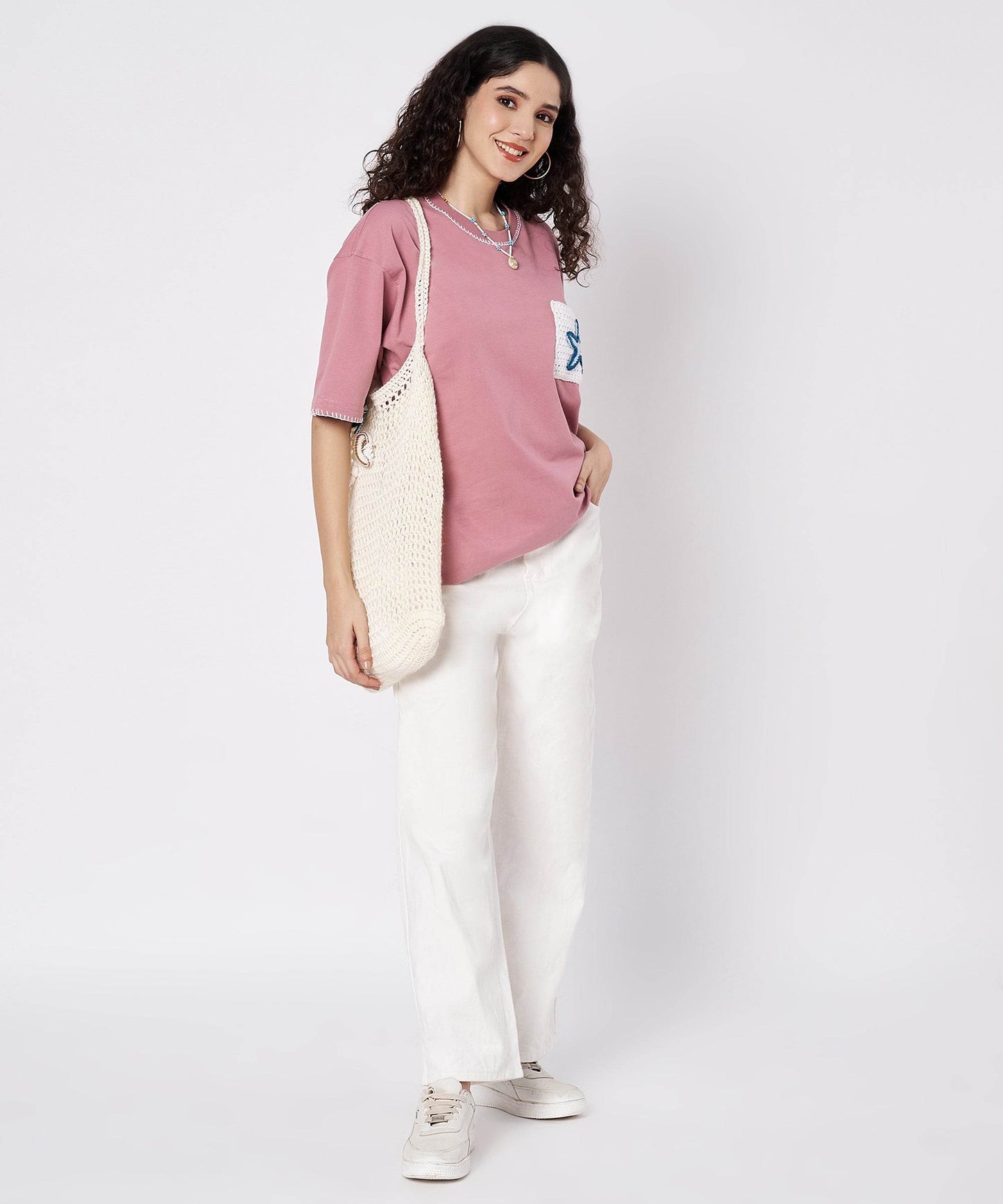The Starry Pocket Tee – Unisex Oversized T-Shirt with Hand Embroidery & Crochet Starfish Detail | Ocean Whispers Collection - Hoot n' Wink