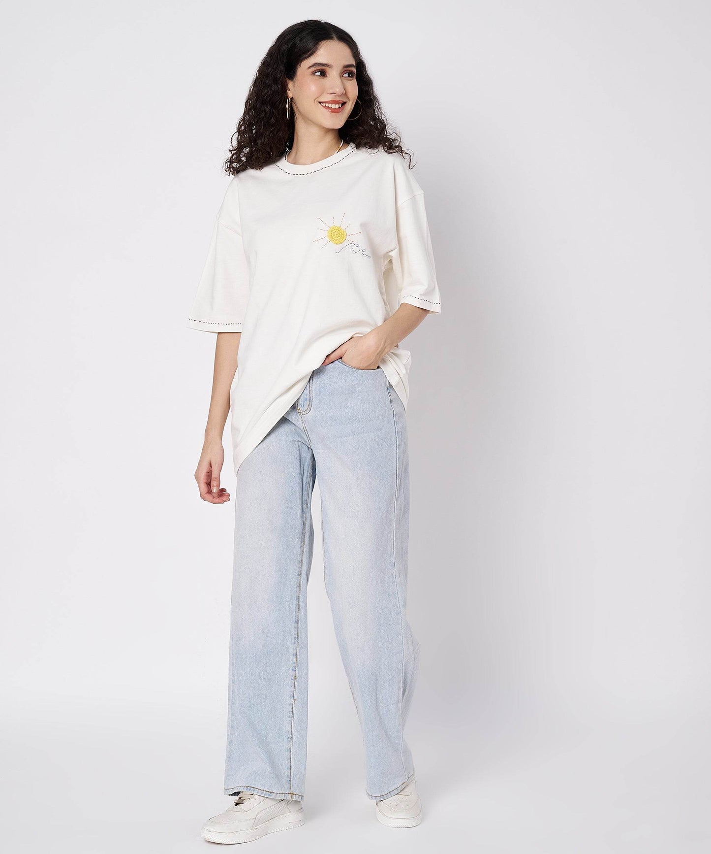 The Sunwave Tee – Unisex Oversized T-Shirt with Crochet Sun & Hand Embroidery | Ocean Whispers Collection - Hoot n' Wink