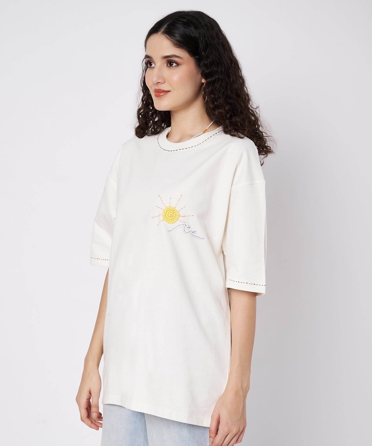 The Sunwave Tee – Unisex Oversized T-Shirt with Crochet Sun & Hand Embroidery | Ocean Whispers Collection - Hoot n' Wink