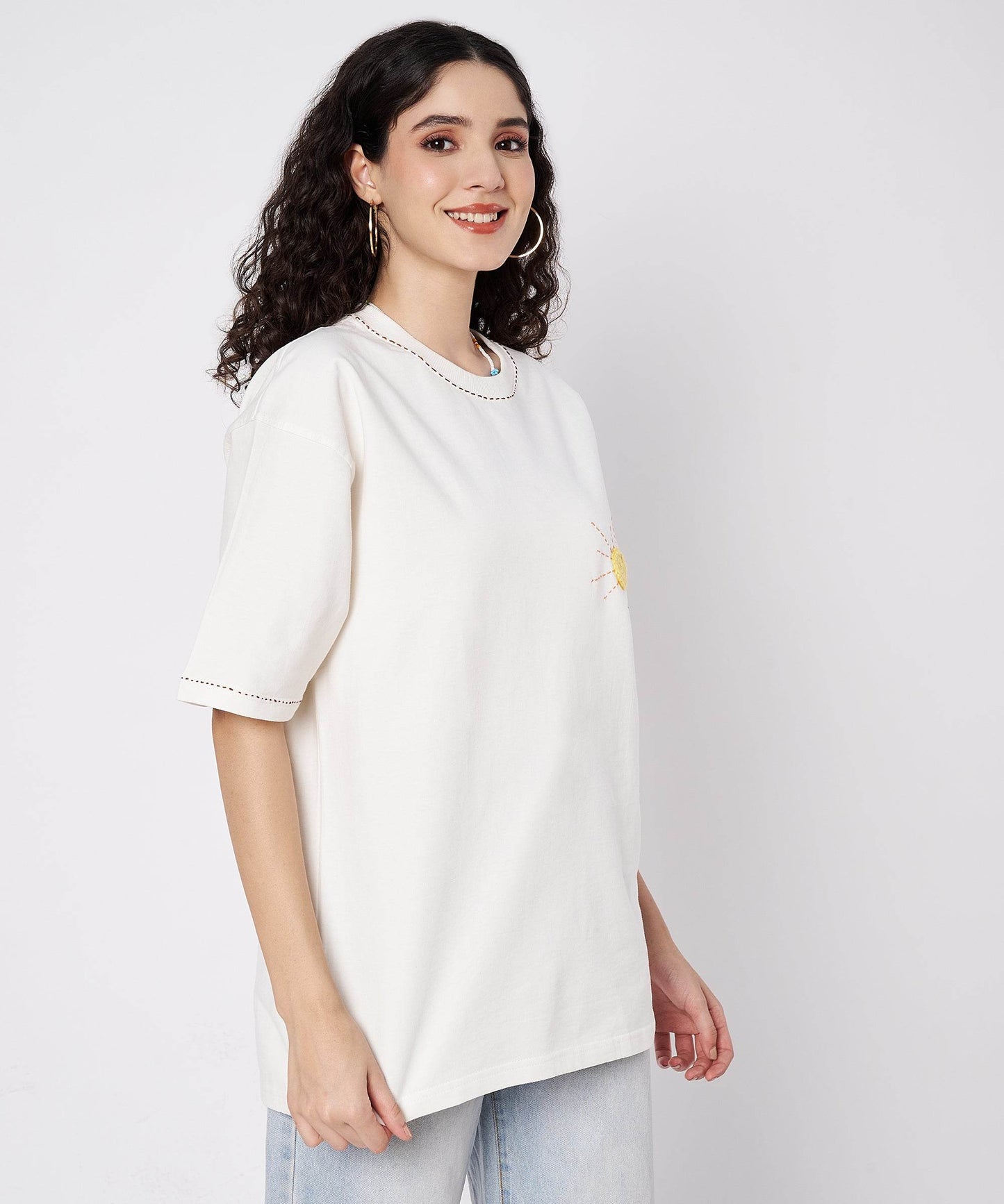 The Sunwave Tee – Unisex Oversized T-Shirt with Crochet Sun & Hand Embroidery | Ocean Whispers Collection - Hoot n' Wink