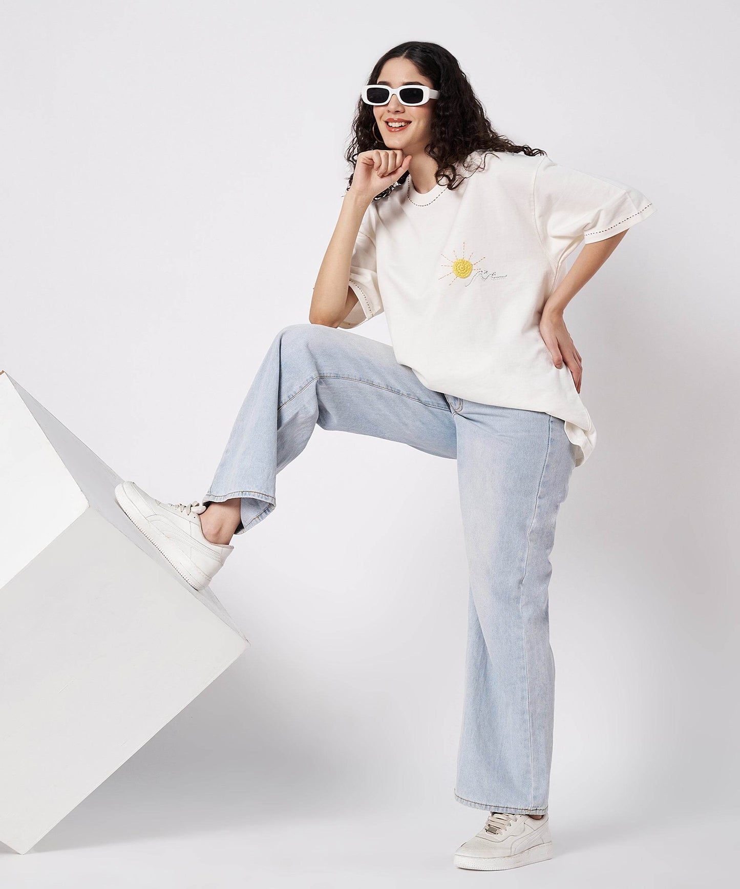 The Sunwave Tee – Unisex Oversized T-Shirt with Crochet Sun & Hand Embroidery | Ocean Whispers Collection - Hoot n' Wink