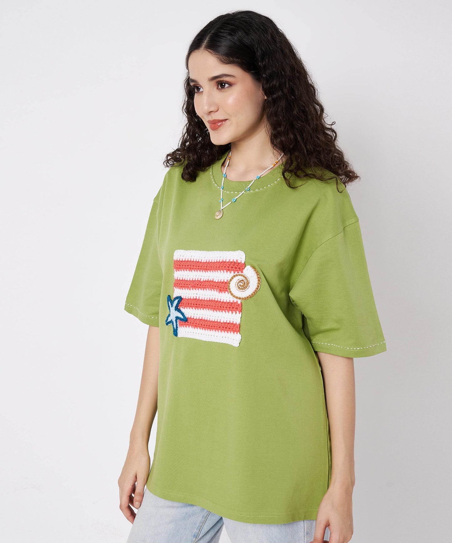 The Shoreline Patch Tee – Unisex Oversized T-Shirt with Crochet Shells & Hand Embroidery | Ocean Whispers Collection - Hoot n' Wink