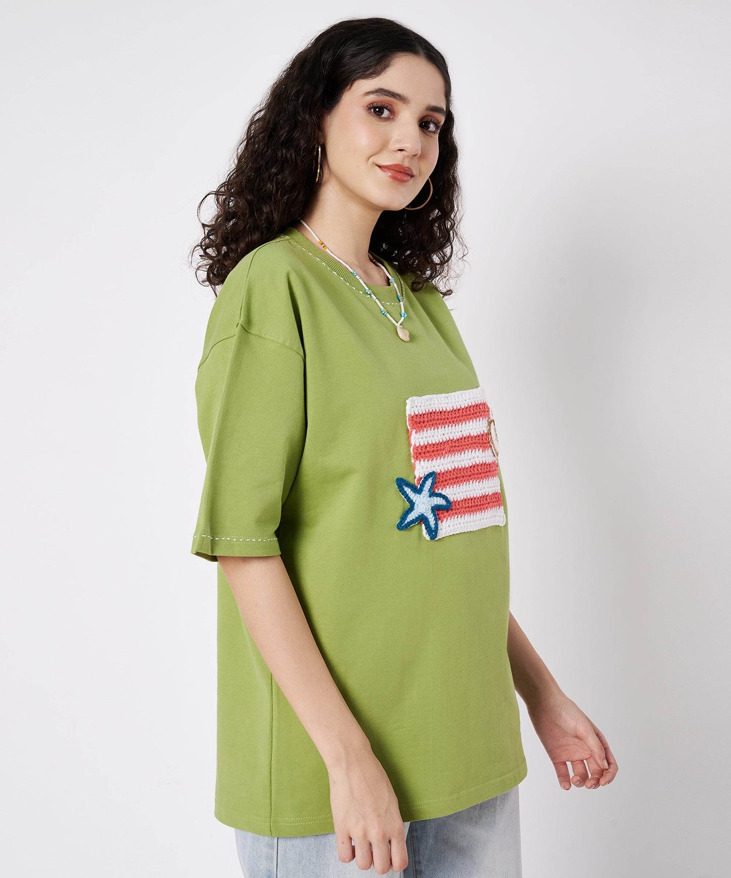 The Shoreline Patch Tee – Unisex Oversized T-Shirt with Crochet Shells & Hand Embroidery | Ocean Whispers Collection - Hoot n' Wink