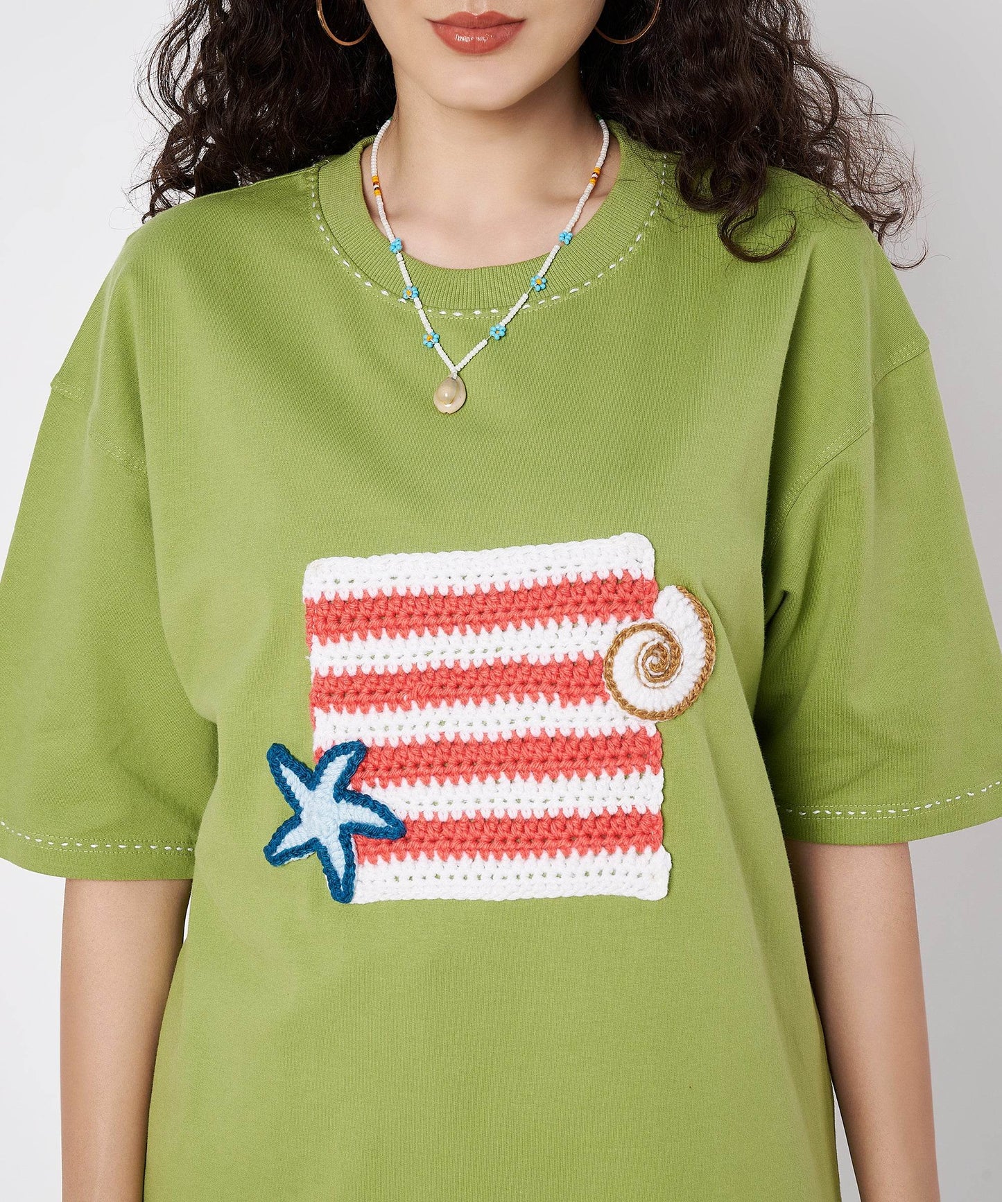 The Shoreline Patch Tee – Unisex Oversized T-Shirt with Crochet Shells & Hand Embroidery | Ocean Whispers Collection - Hoot n' Wink
