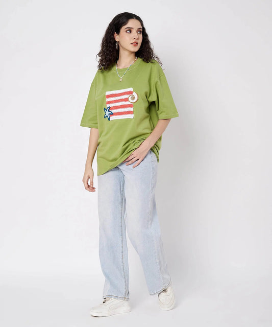 The Shoreline Patch Tee – Unisex Oversized T-Shirt with Crochet Shells & Hand Embroidery | Ocean Whispers Collection - Hoot n' Wink