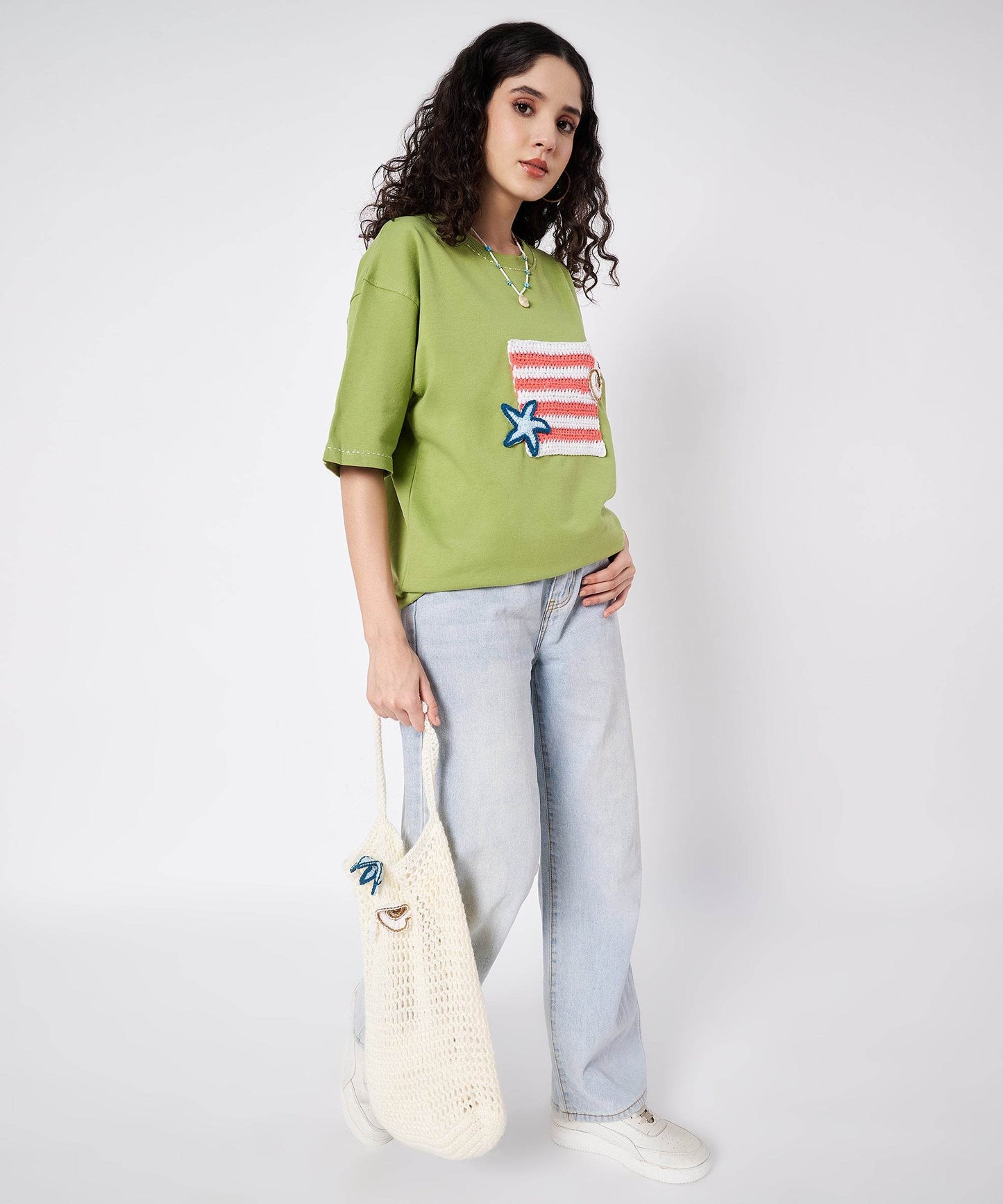 The Shoreline Patch Tee – Unisex Oversized T-Shirt with Crochet Shells & Hand Embroidery | Ocean Whispers Collection - Hoot n' Wink