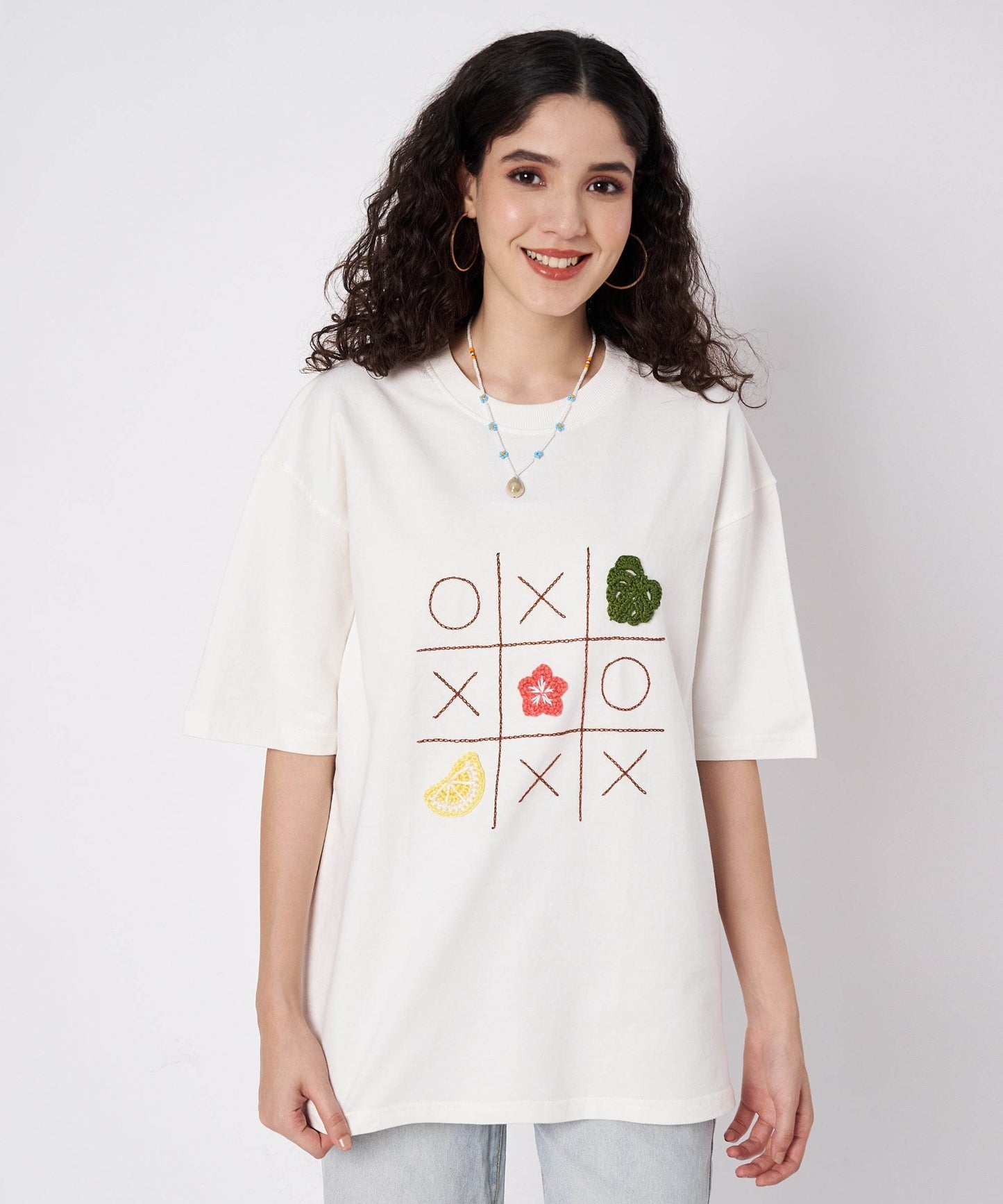 The Shoreline XO Tee – Unisex Oversized T-Shirt with Hand Embroidery & Crochet | Ocean Whispers Collection - Hoot n' Wink