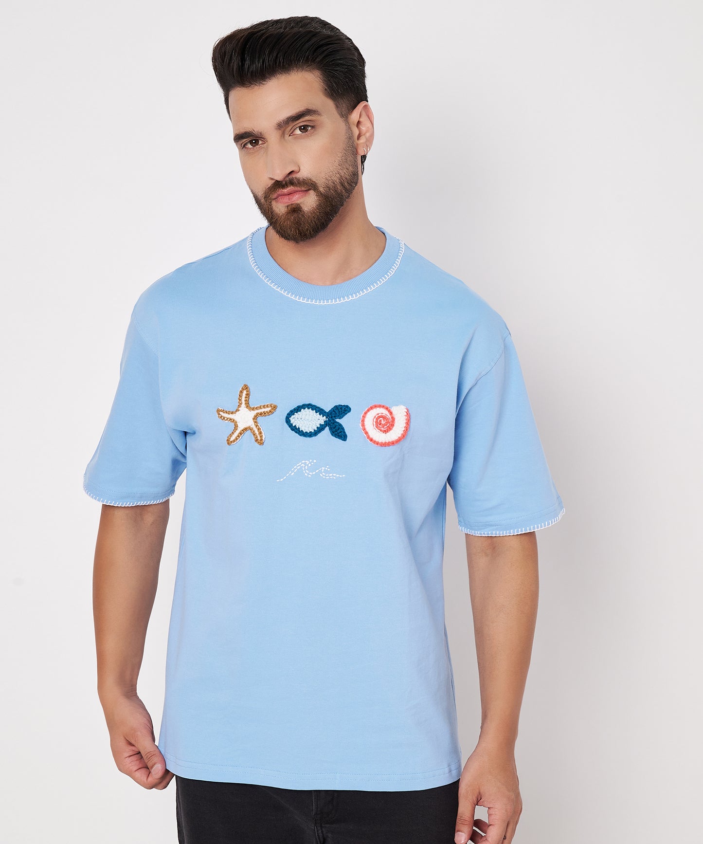 The Ocean Crest Tee – Unisex Oversized Fit with Hand Embroidery & Crochet | Ocean Whispers Collection