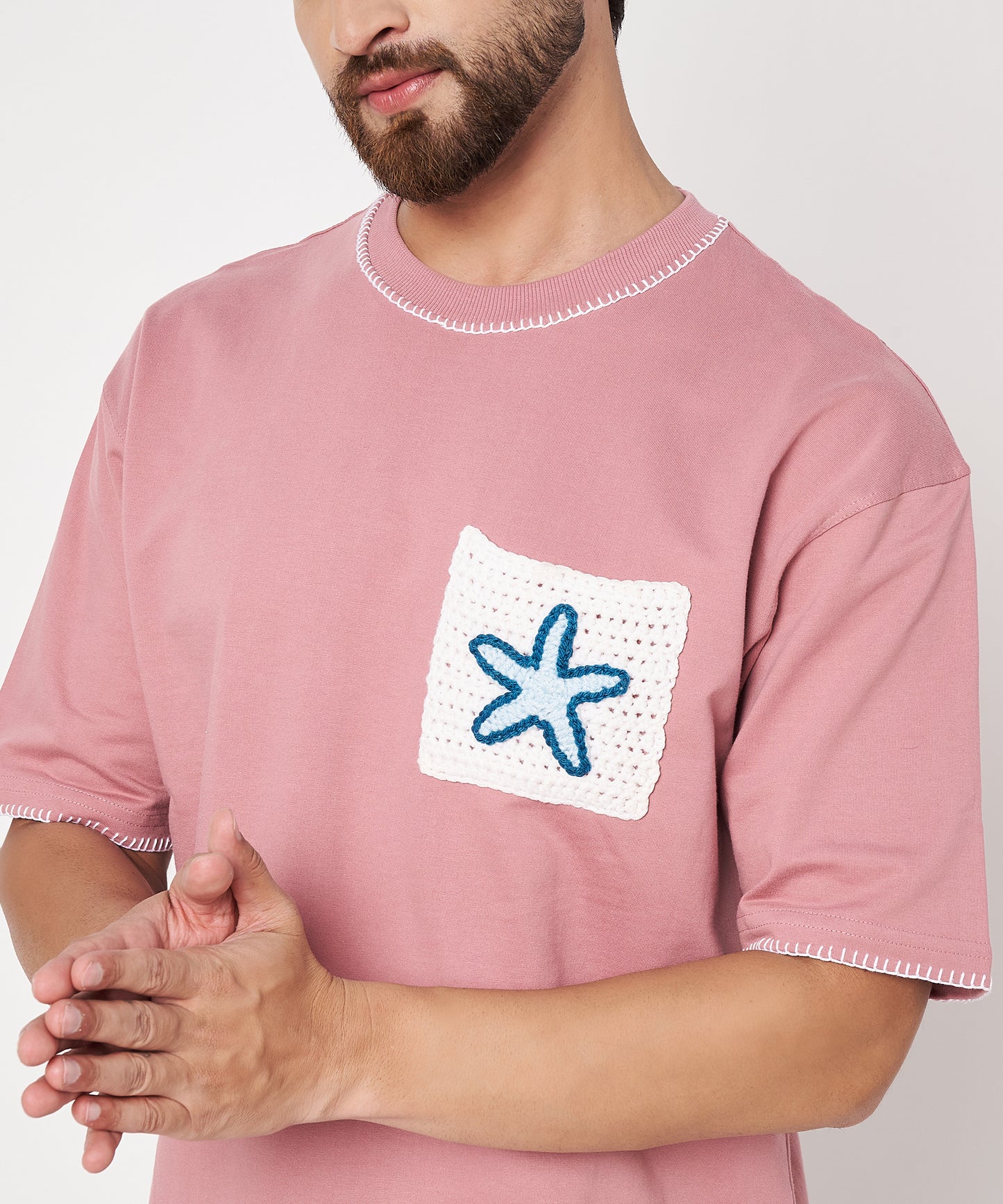 The Starry Pocket Tee – Unisex Oversized T-Shirt with Hand Embroidery & Crochet Starfish Detail | Ocean Whispers Collection