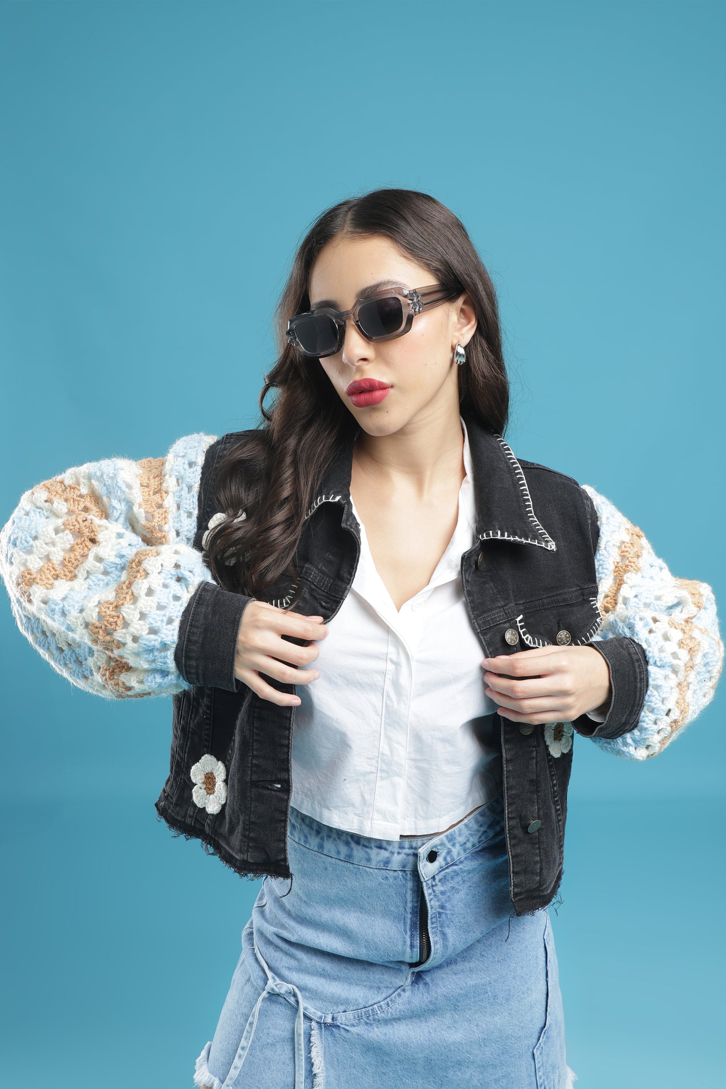 The Midnight Bloom – Women’s Regular Fit Cropped Charcoal Denim Jacket with Handmade Crochet Sleeves, Floral Accents & Hand Embroidery | The Not-So-Basic Denim Edit