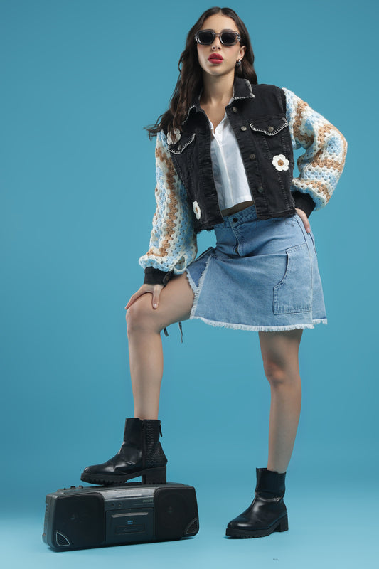 The Midnight Bloom – Women’s Regular Fit Cropped Charcoal Denim Jacket with Handmade Crochet Sleeves, Floral Accents & Hand Embroidery | The Not-So-Basic Denim Edit