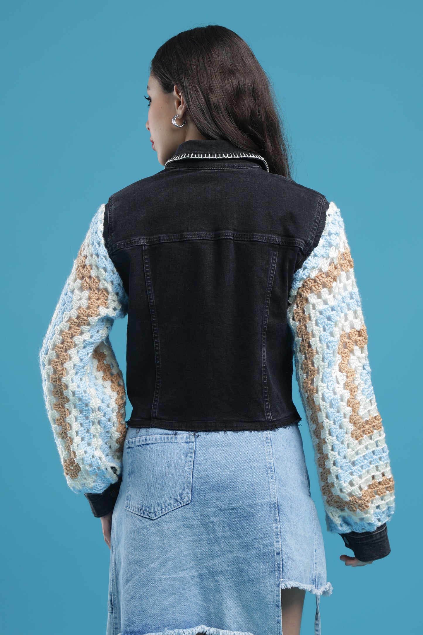 The Midnight Bloom – Women’s Regular Fit Cropped Charcoal Denim Jacket with Handmade Crochet Sleeves, Floral Accents & Hand Embroidery | The Not-So-Basic Denim Edit