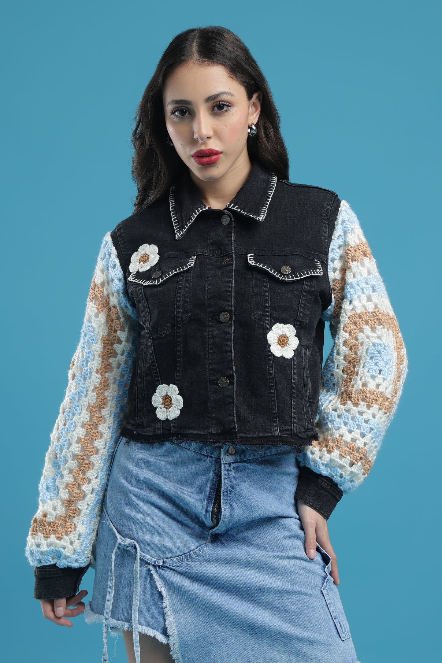 The Midnight Bloom – Women’s Regular Fit Cropped Charcoal Denim Jacket with Handmade Crochet Sleeves, Floral Accents & Hand Embroidery | The Not-So-Basic Denim Edit