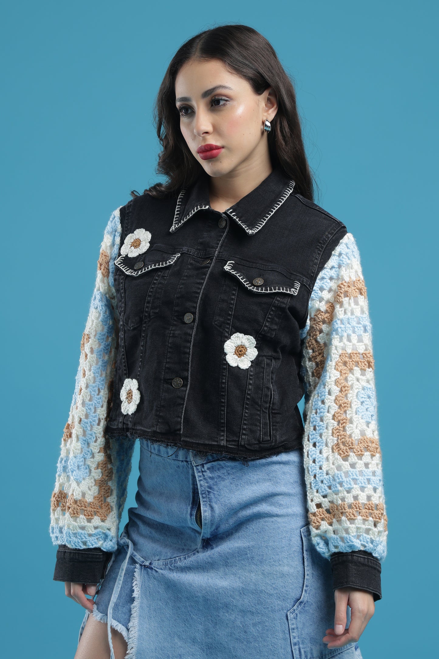 The Midnight Bloom – Women’s Regular Fit Cropped Charcoal Denim Jacket with Handmade Crochet Sleeves, Floral Accents & Hand Embroidery | The Not-So-Basic Denim Edit