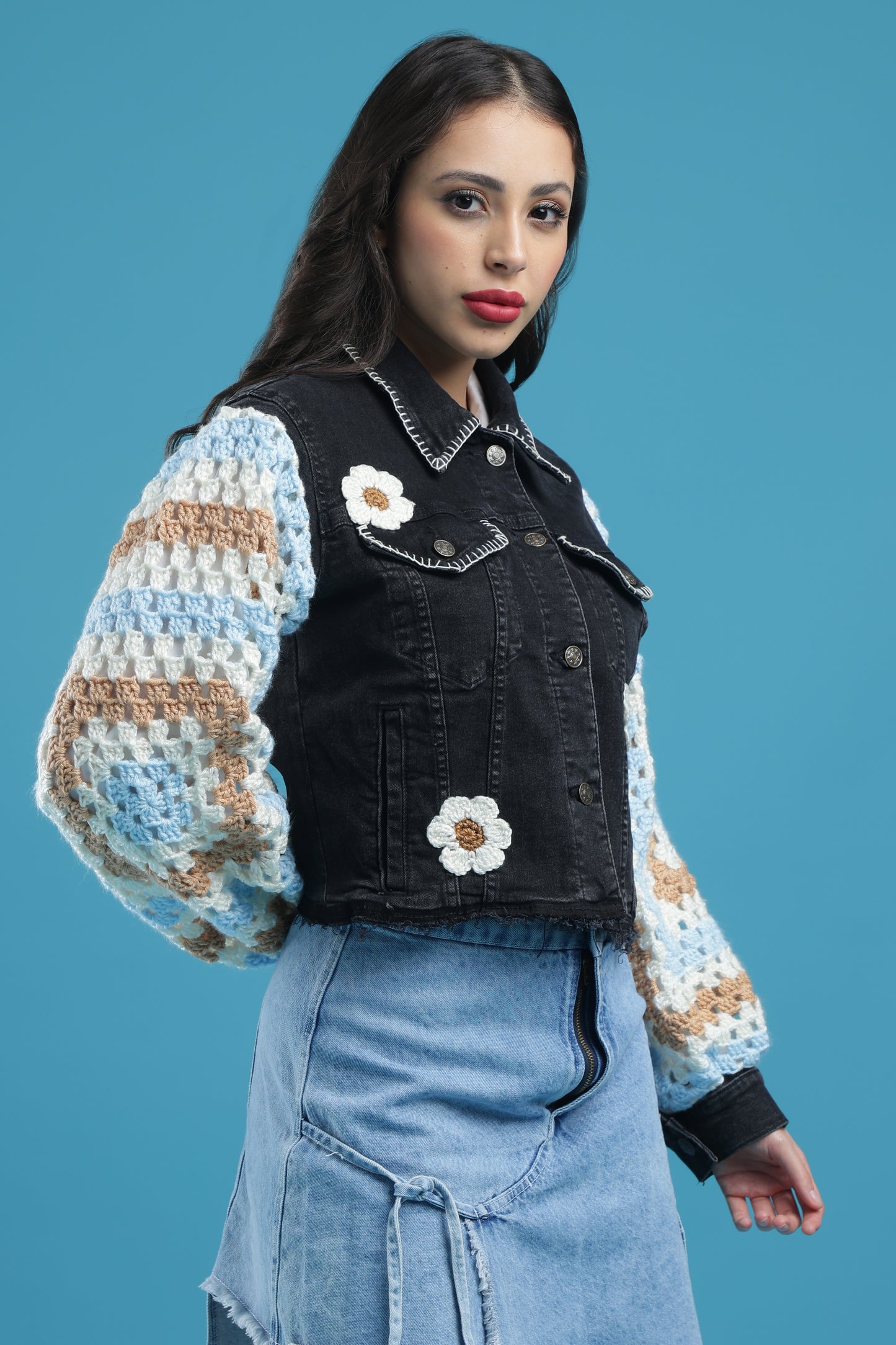 The Midnight Bloom – Women’s Regular Fit Cropped Charcoal Denim Jacket with Handmade Crochet Sleeves, Floral Accents & Hand Embroidery | The Not-So-Basic Denim Edit