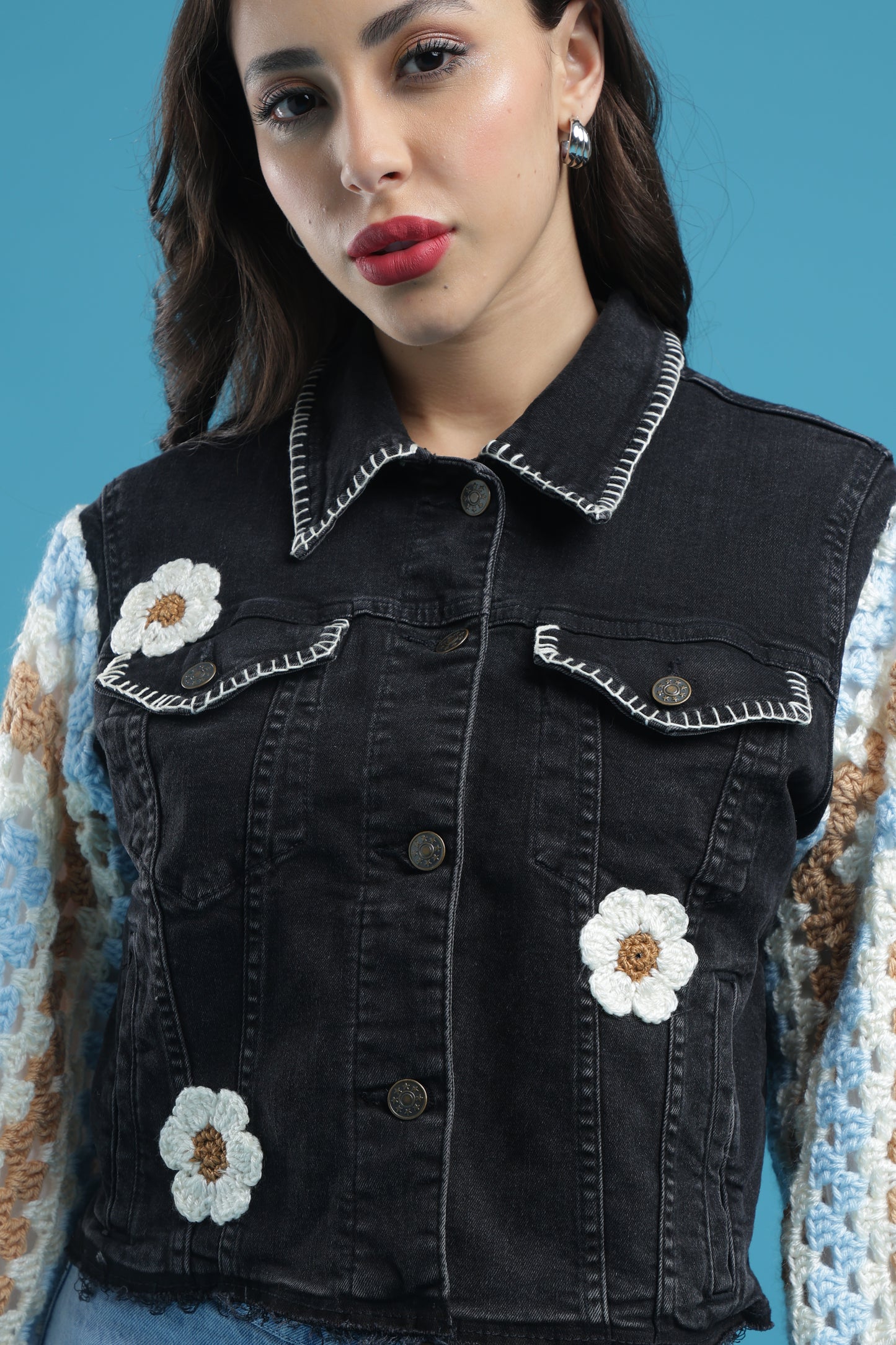 The Midnight Bloom – Women’s Regular Fit Cropped Charcoal Denim Jacket with Handmade Crochet Sleeves, Floral Accents & Hand Embroidery | The Not-So-Basic Denim Edit