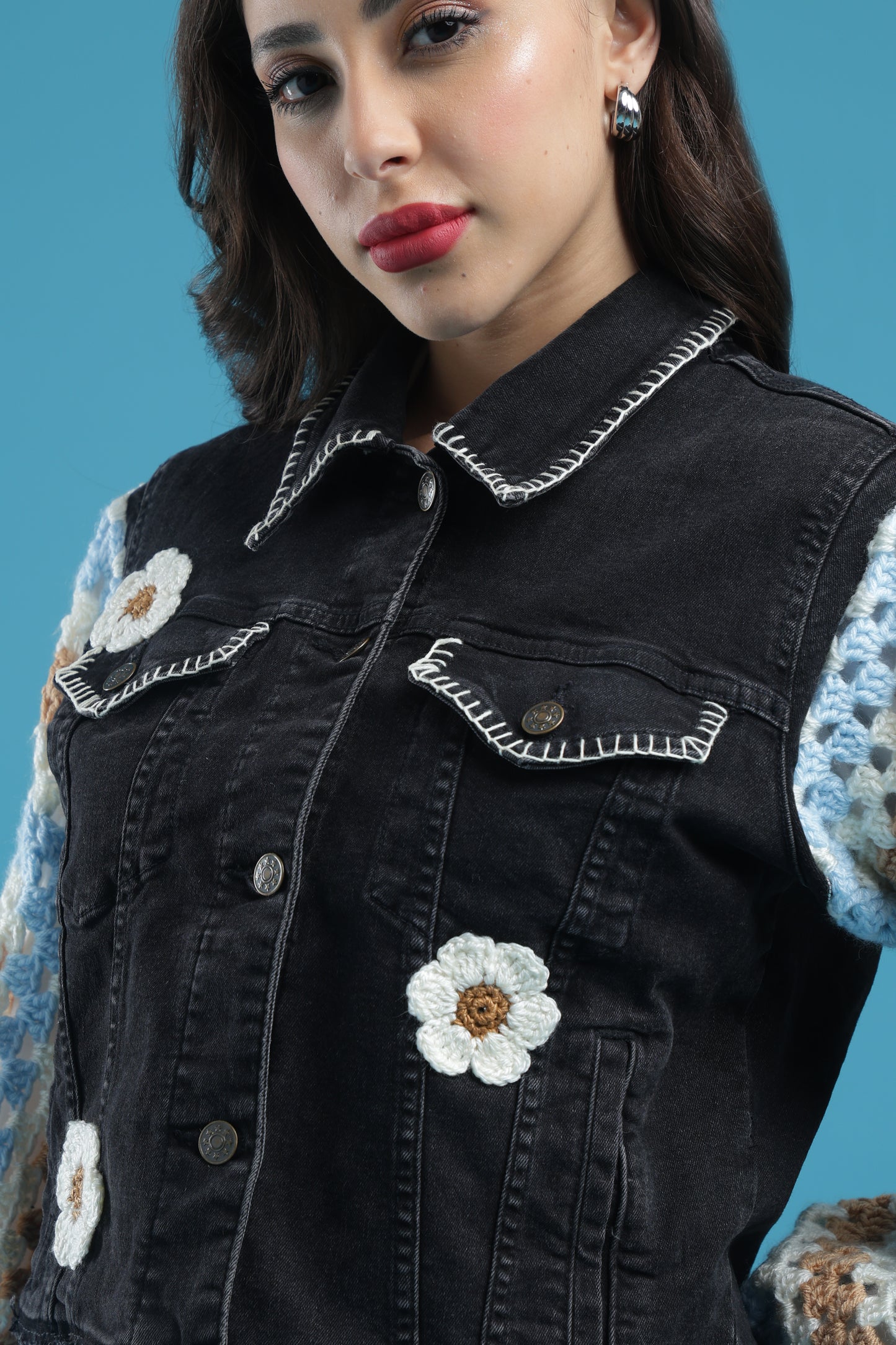 The Midnight Bloom – Women’s Regular Fit Cropped Charcoal Denim Jacket with Handmade Crochet Sleeves, Floral Accents & Hand Embroidery | The Not-So-Basic Denim Edit