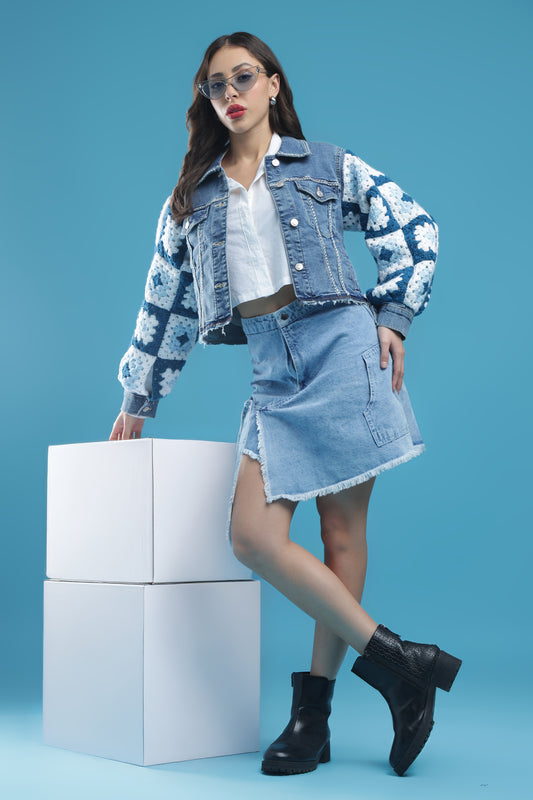 The Crochet Contrast – Women’s Regular Fit Cropped Denim Jacket with Handmade Crochet Sleeves & Hand Embroidery | The Not-So-Basic Denim Edit