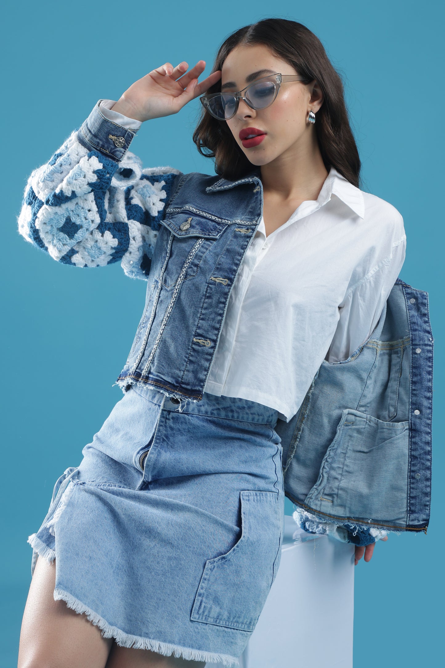 The Crochet Contrast – Women’s Regular Fit Cropped Denim Jacket with Handmade Crochet Sleeves & Hand Embroidery | The Not-So-Basic Denim Edit