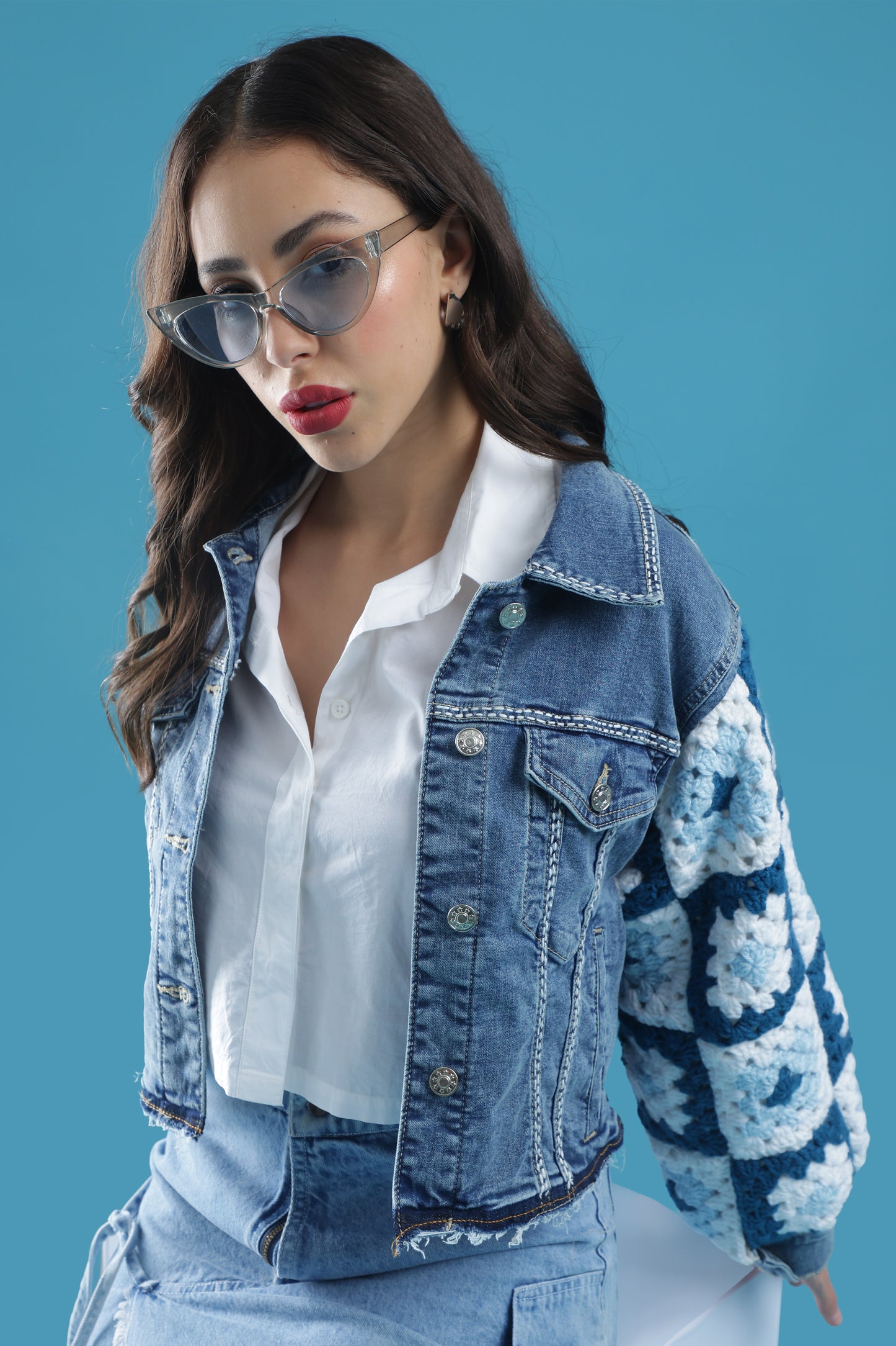 The Crochet Contrast – Women’s Regular Fit Cropped Denim Jacket with Handmade Crochet Sleeves & Hand Embroidery | The Not-So-Basic Denim Edit