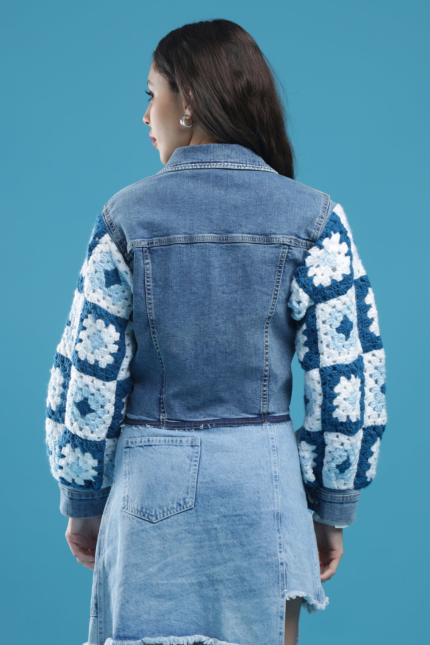 The Crochet Contrast – Women’s Regular Fit Cropped Denim Jacket with Handmade Crochet Sleeves & Hand Embroidery | The Not-So-Basic Denim Edit