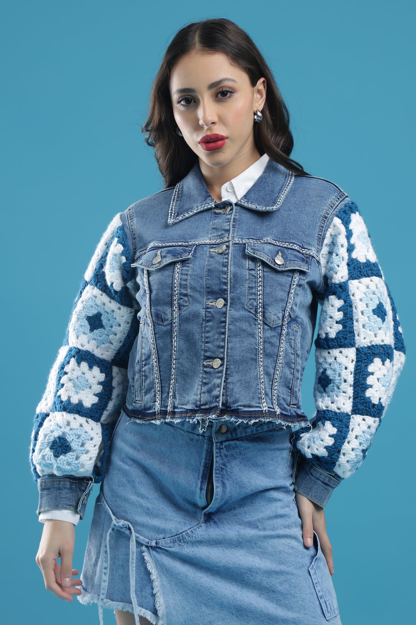 The Crochet Contrast – Women’s Regular Fit Cropped Denim Jacket with Handmade Crochet Sleeves & Hand Embroidery | The Not-So-Basic Denim Edit