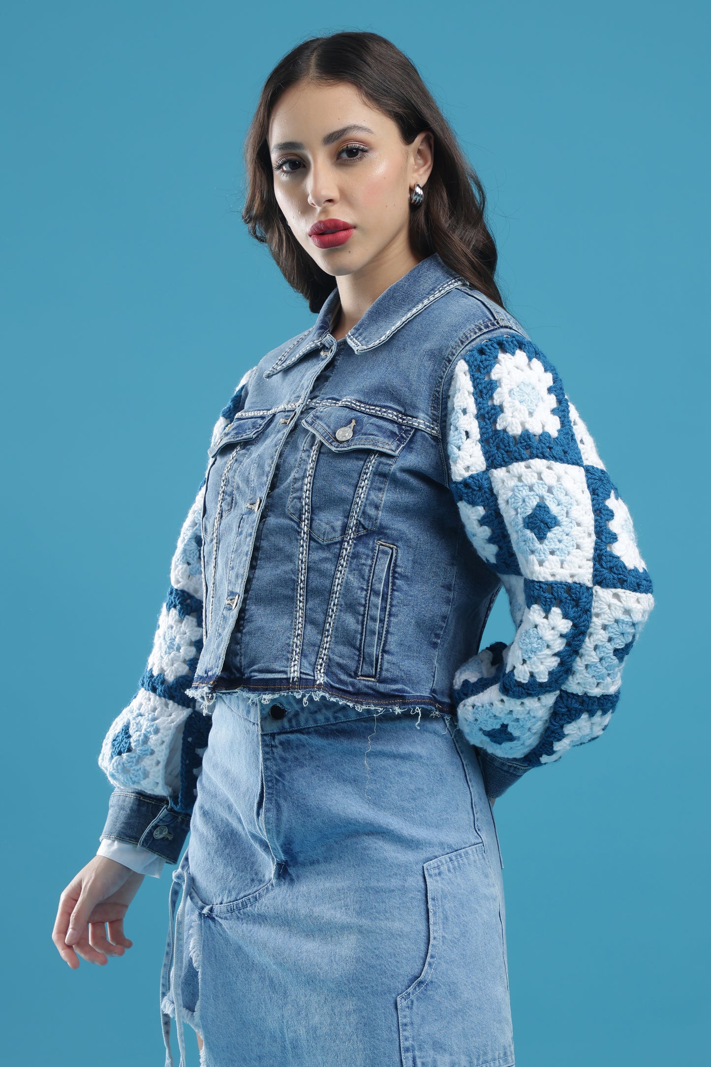 The Crochet Contrast – Women’s Regular Fit Cropped Denim Jacket with Handmade Crochet Sleeves & Hand Embroidery | The Not-So-Basic Denim Edit
