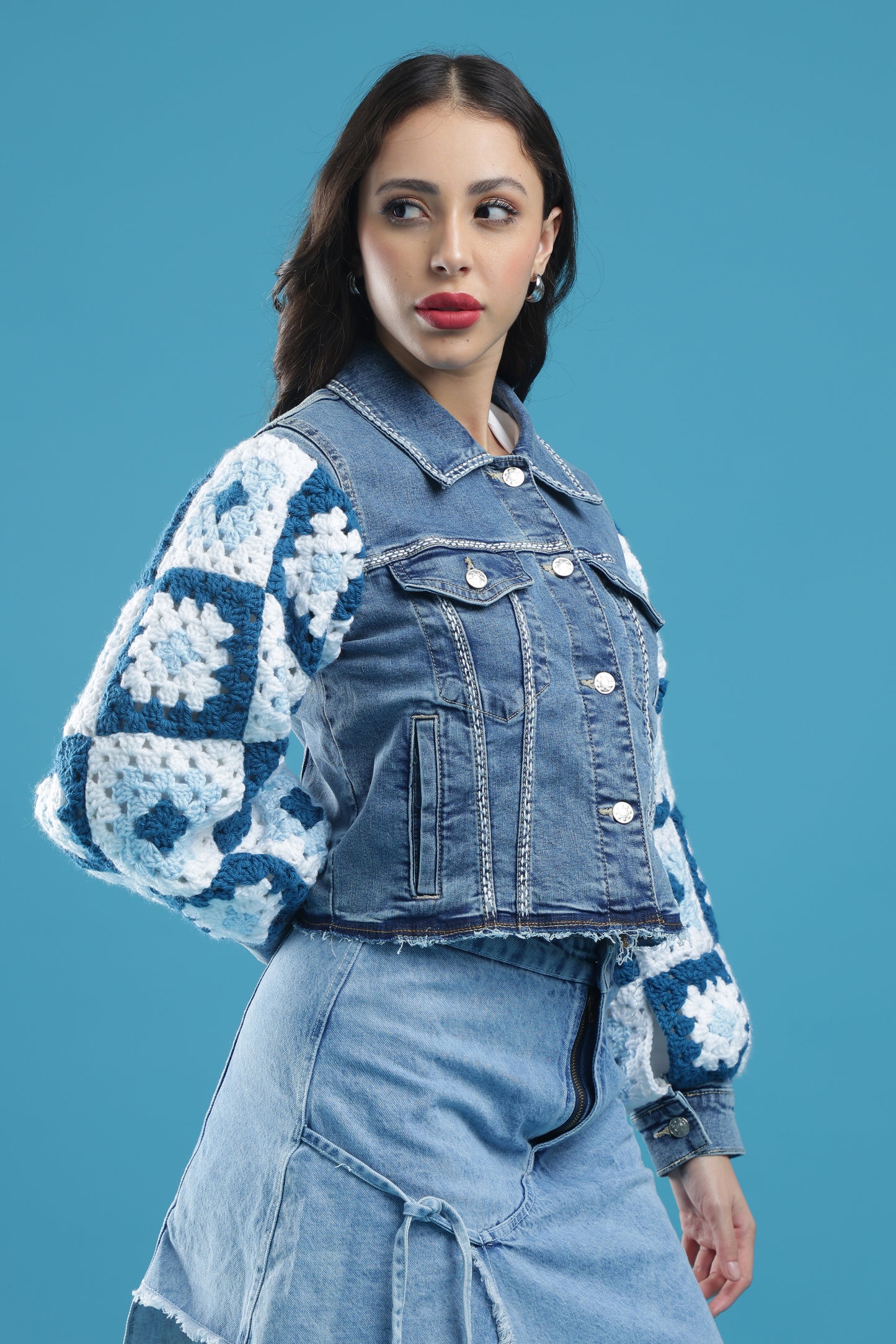 The Crochet Contrast – Women’s Regular Fit Cropped Denim Jacket with Handmade Crochet Sleeves & Hand Embroidery | The Not-So-Basic Denim Edit