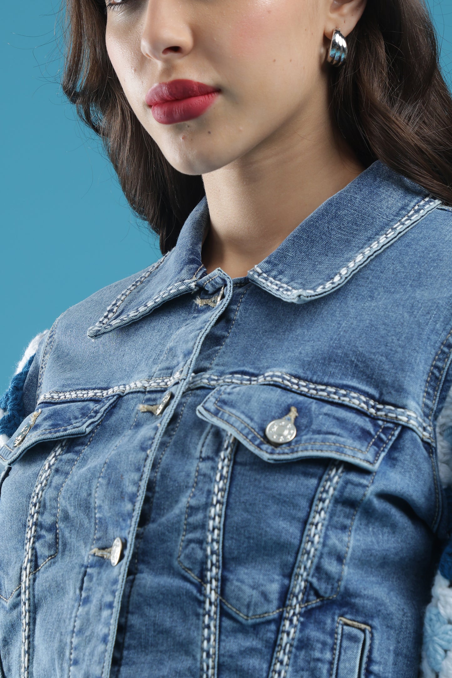The Crochet Contrast – Women’s Regular Fit Cropped Denim Jacket with Handmade Crochet Sleeves & Hand Embroidery | The Not-So-Basic Denim Edit