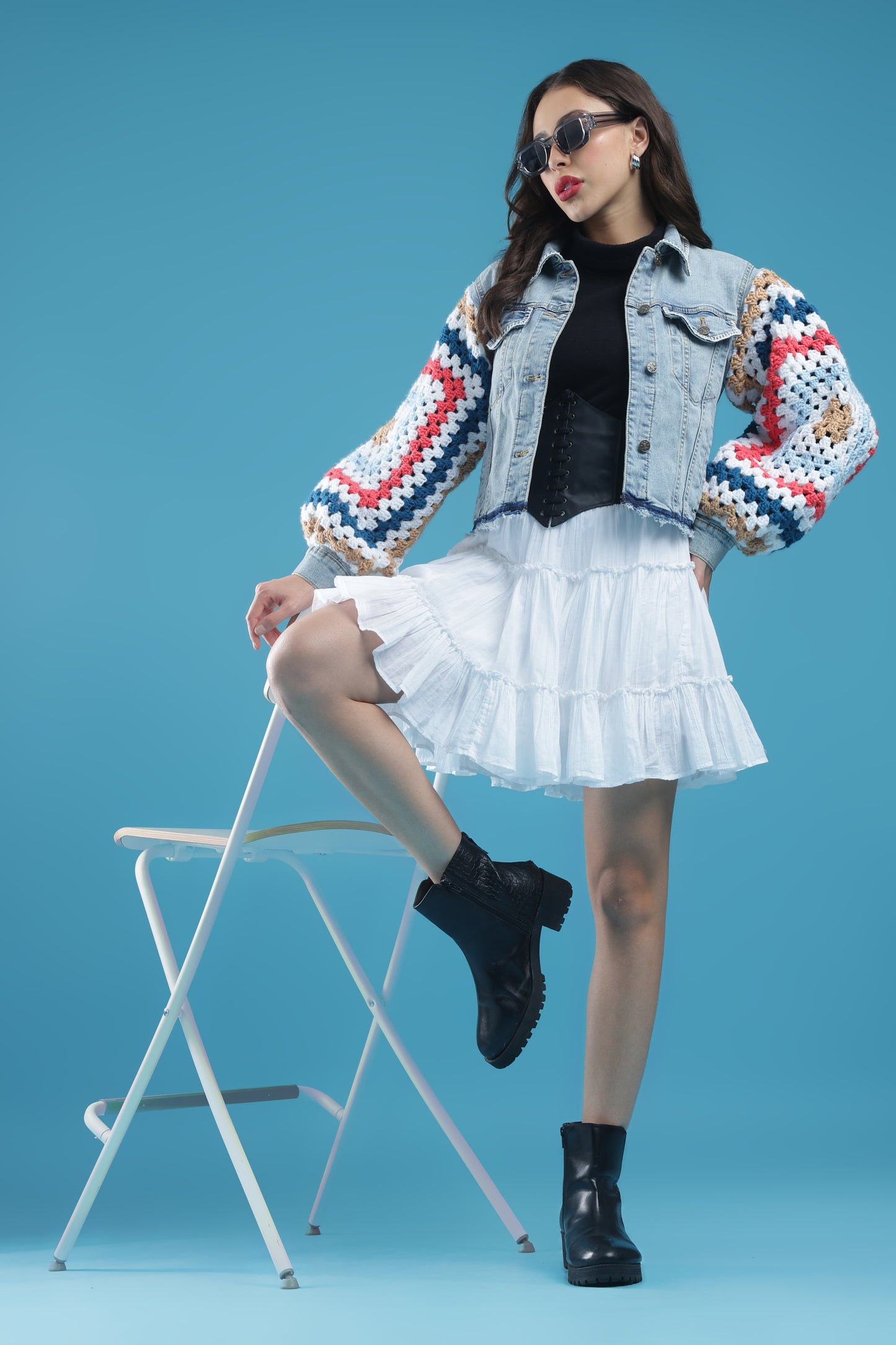 The Threaded Horizon – Women’s Regular Fit Cropped Denim Jacket with Handmade Crochet Sleeves & Hand Embroidery | The Not-So-Basic Denim Edit