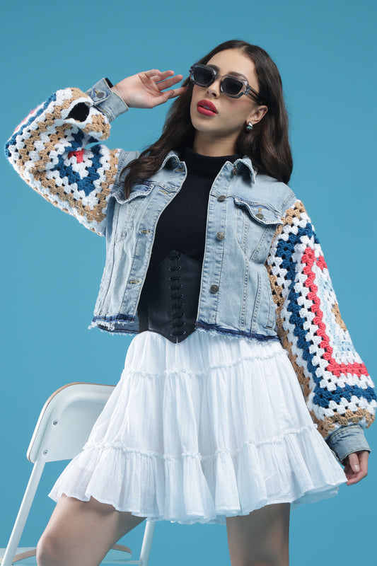 The Threaded Horizon – Women’s Regular Fit Cropped Denim Jacket with Handmade Crochet Sleeves & Hand Embroidery | The Not-So-Basic Denim Edit
