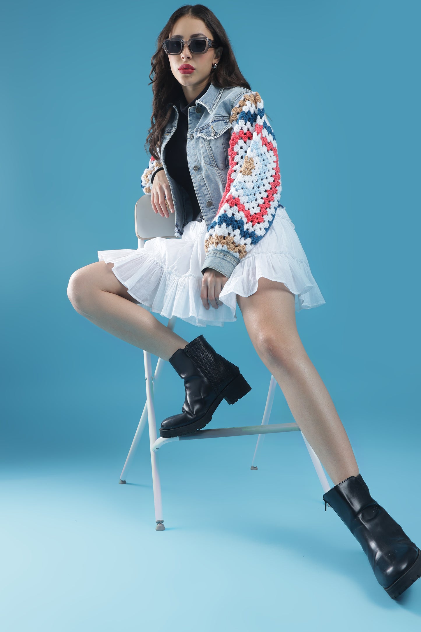 The Threaded Horizon – Women’s Regular Fit Cropped Denim Jacket with Handmade Crochet Sleeves & Hand Embroidery | The Not-So-Basic Denim Edit
