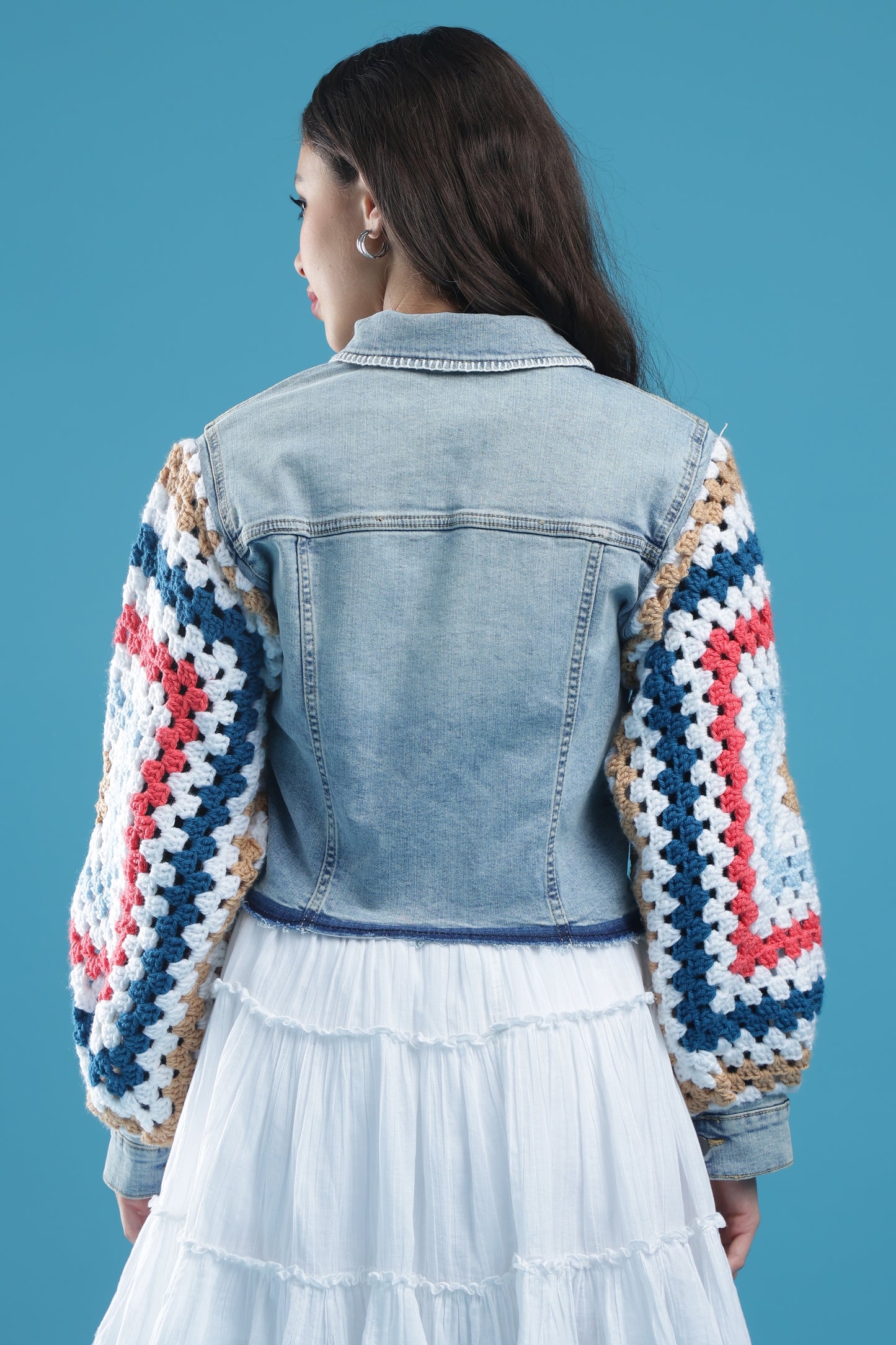 The Threaded Horizon – Women’s Regular Fit Cropped Denim Jacket with Handmade Crochet Sleeves & Hand Embroidery | The Not-So-Basic Denim Edit