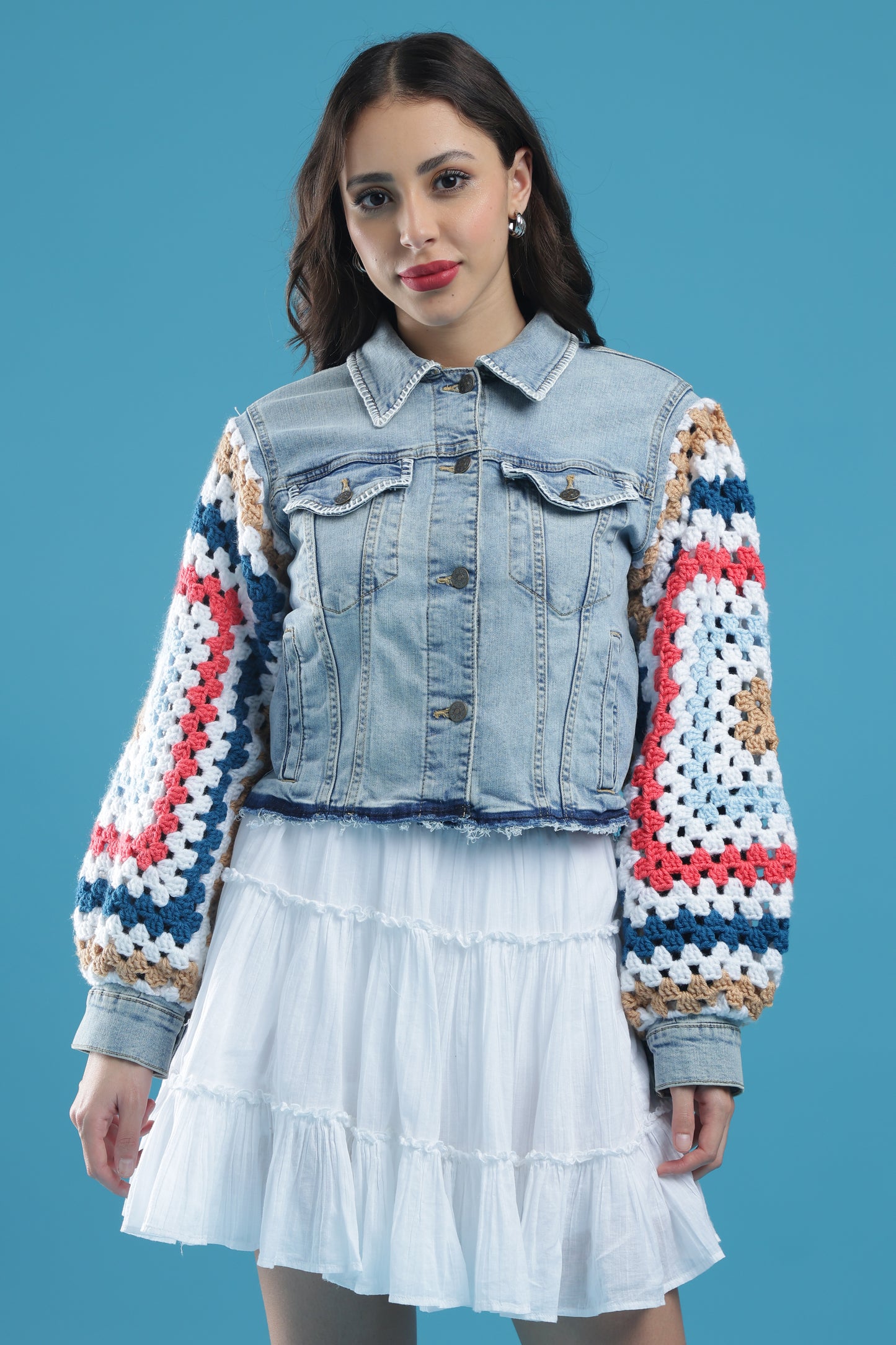 The Threaded Horizon – Women’s Regular Fit Cropped Denim Jacket with Handmade Crochet Sleeves & Hand Embroidery | The Not-So-Basic Denim Edit