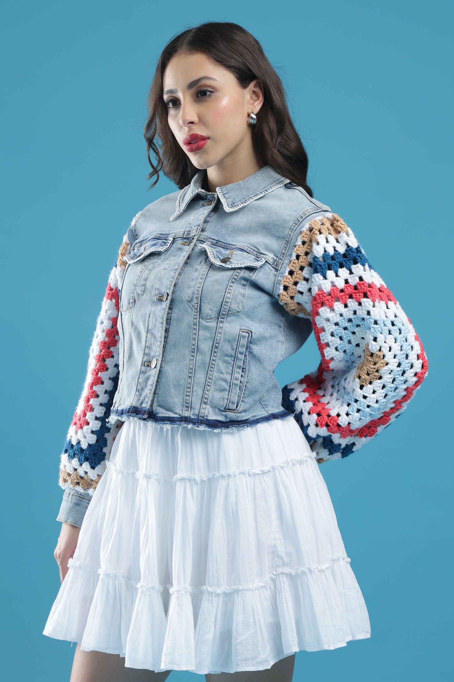 The Threaded Horizon – Women’s Regular Fit Cropped Denim Jacket with Handmade Crochet Sleeves & Hand Embroidery | The Not-So-Basic Denim Edit