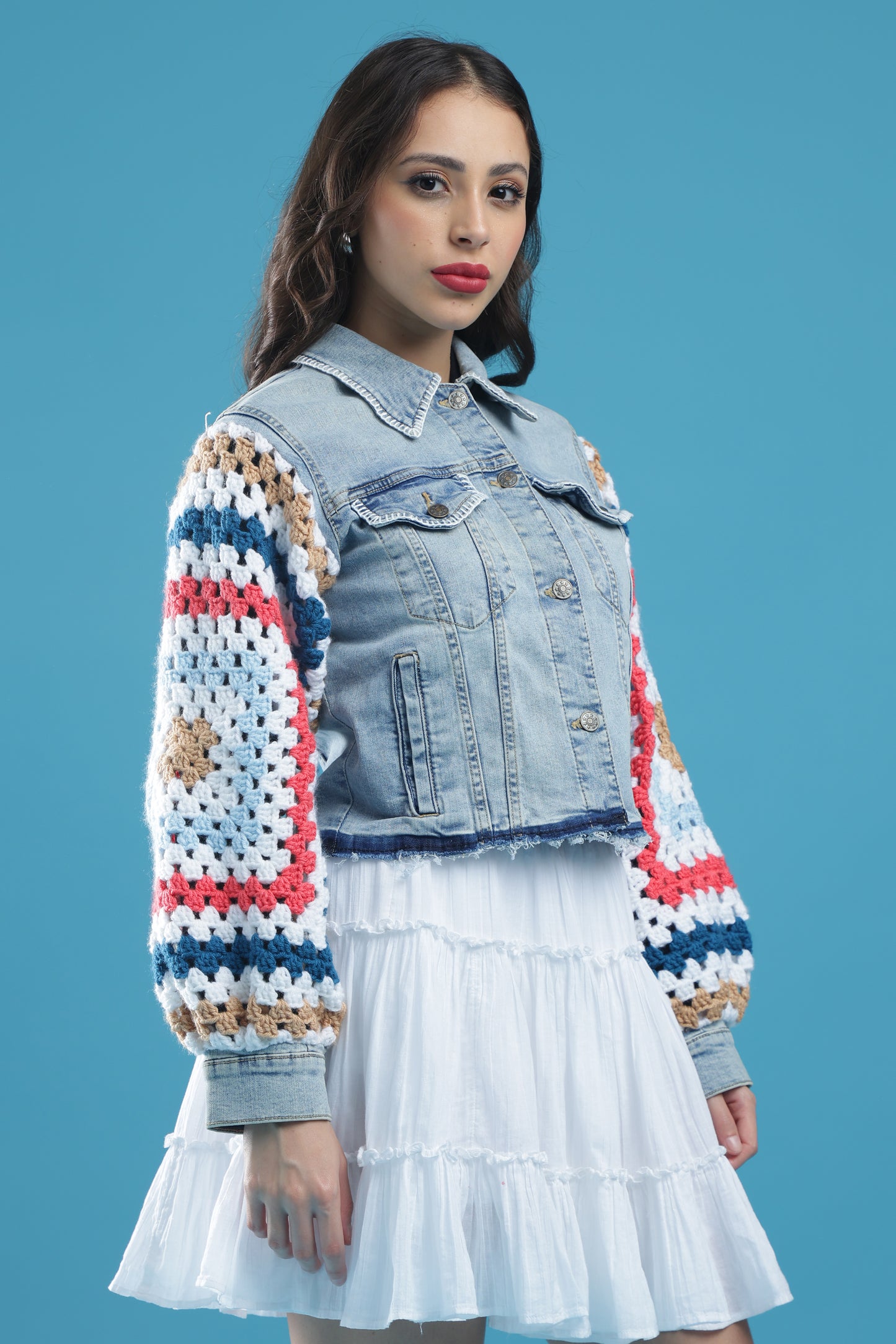 The Threaded Horizon – Women’s Regular Fit Cropped Denim Jacket with Handmade Crochet Sleeves & Hand Embroidery | The Not-So-Basic Denim Edit