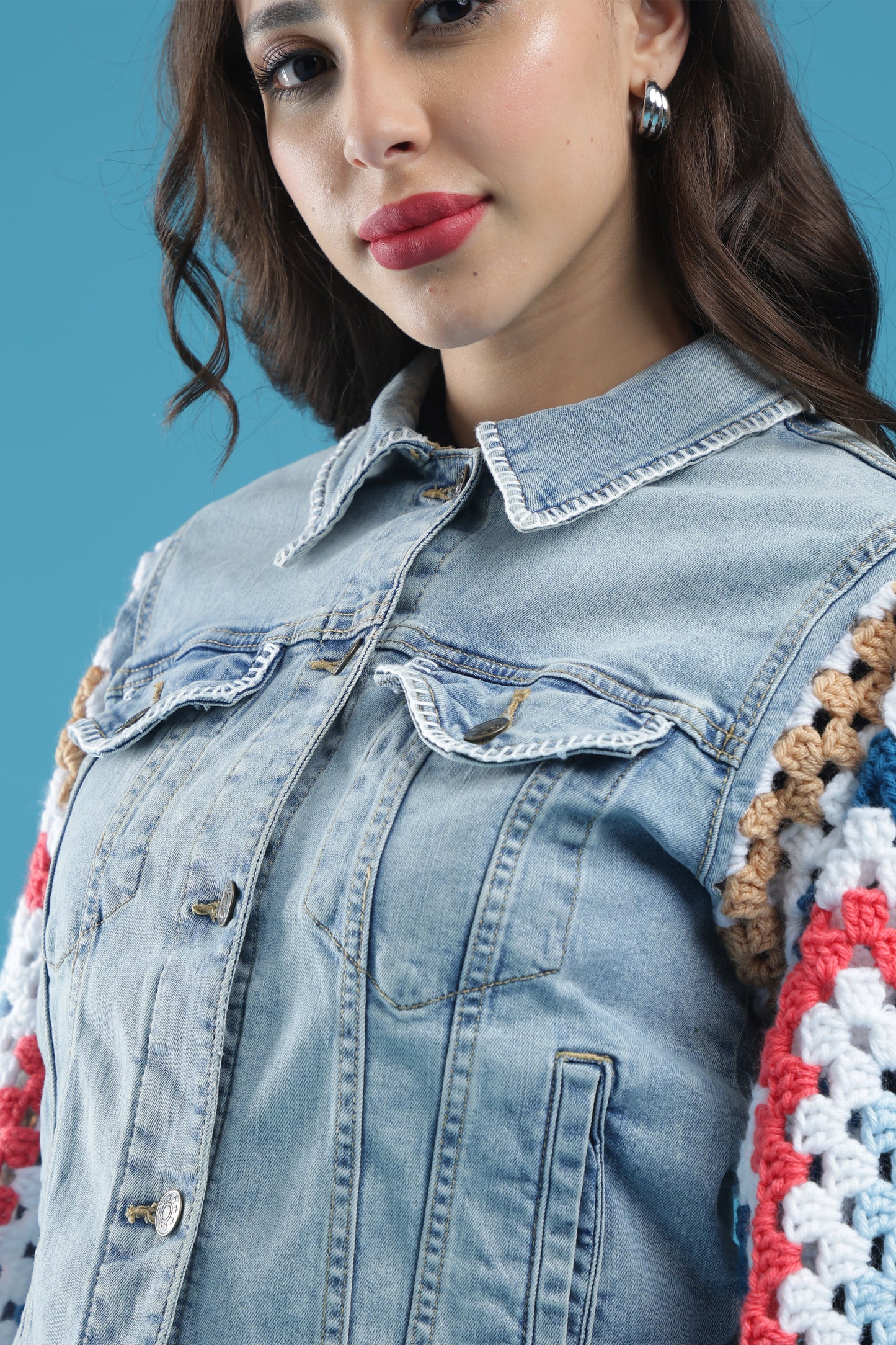 The Threaded Horizon – Women’s Regular Fit Cropped Denim Jacket with Handmade Crochet Sleeves & Hand Embroidery | The Not-So-Basic Denim Edit