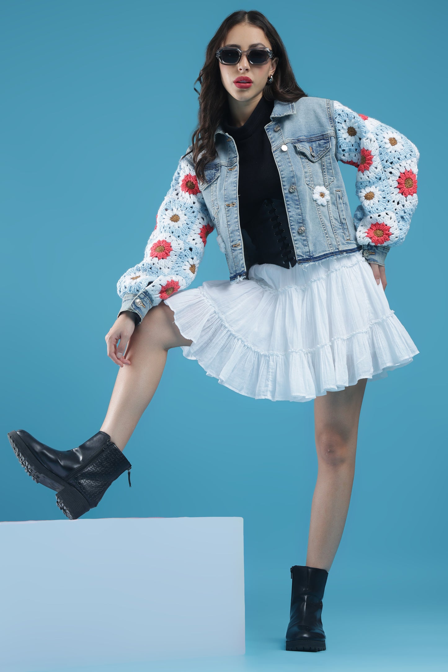 The Blooming Blue – Women’s Regular Fit Cropped Denim Jacket with Handmade Crochet Sleeves & Floral Accents | The Not-So-Basic Denim Edit